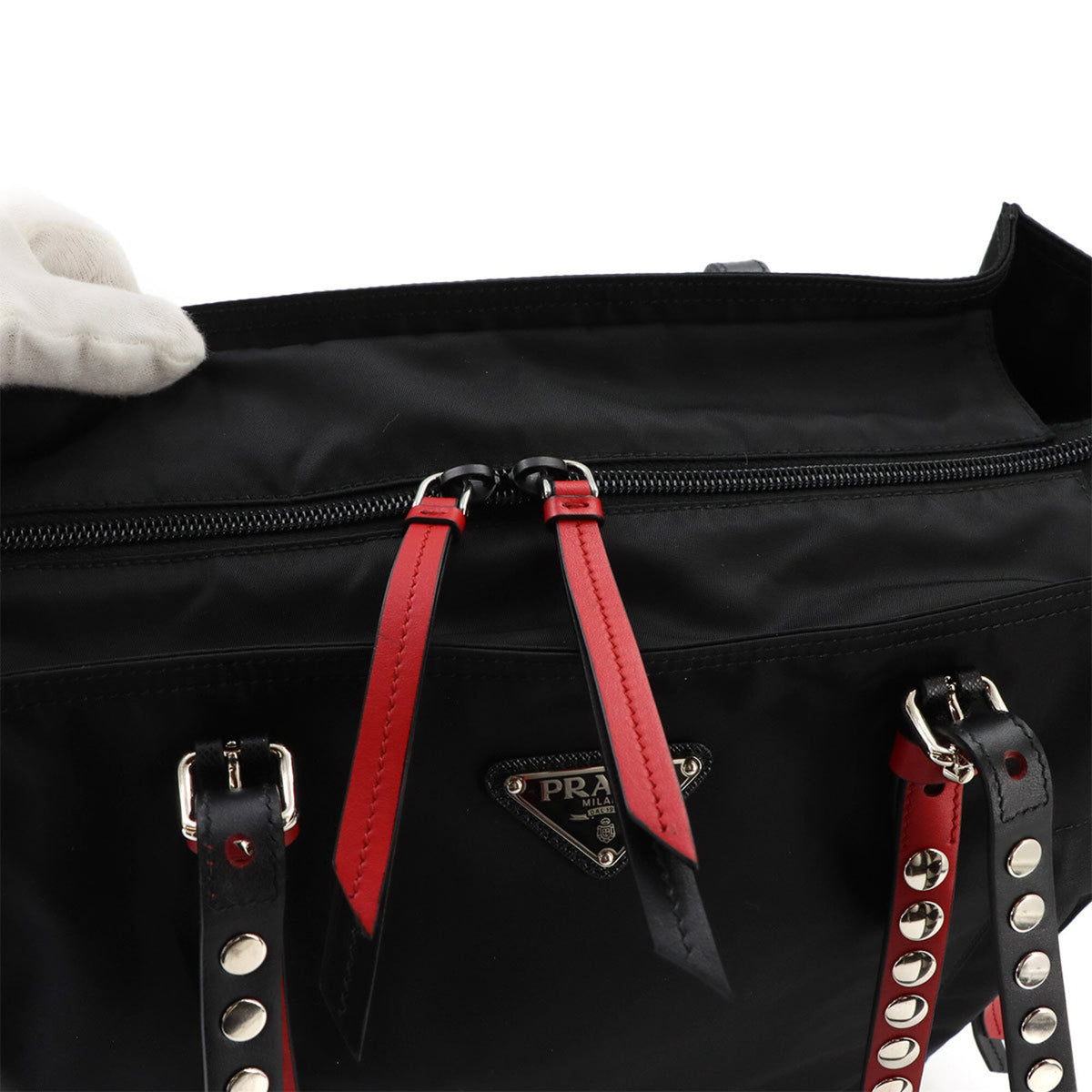 Prada Black Red Color Nylon Saffiano Handbag Shoulder Bag Tote Bag (Pre-Owned)