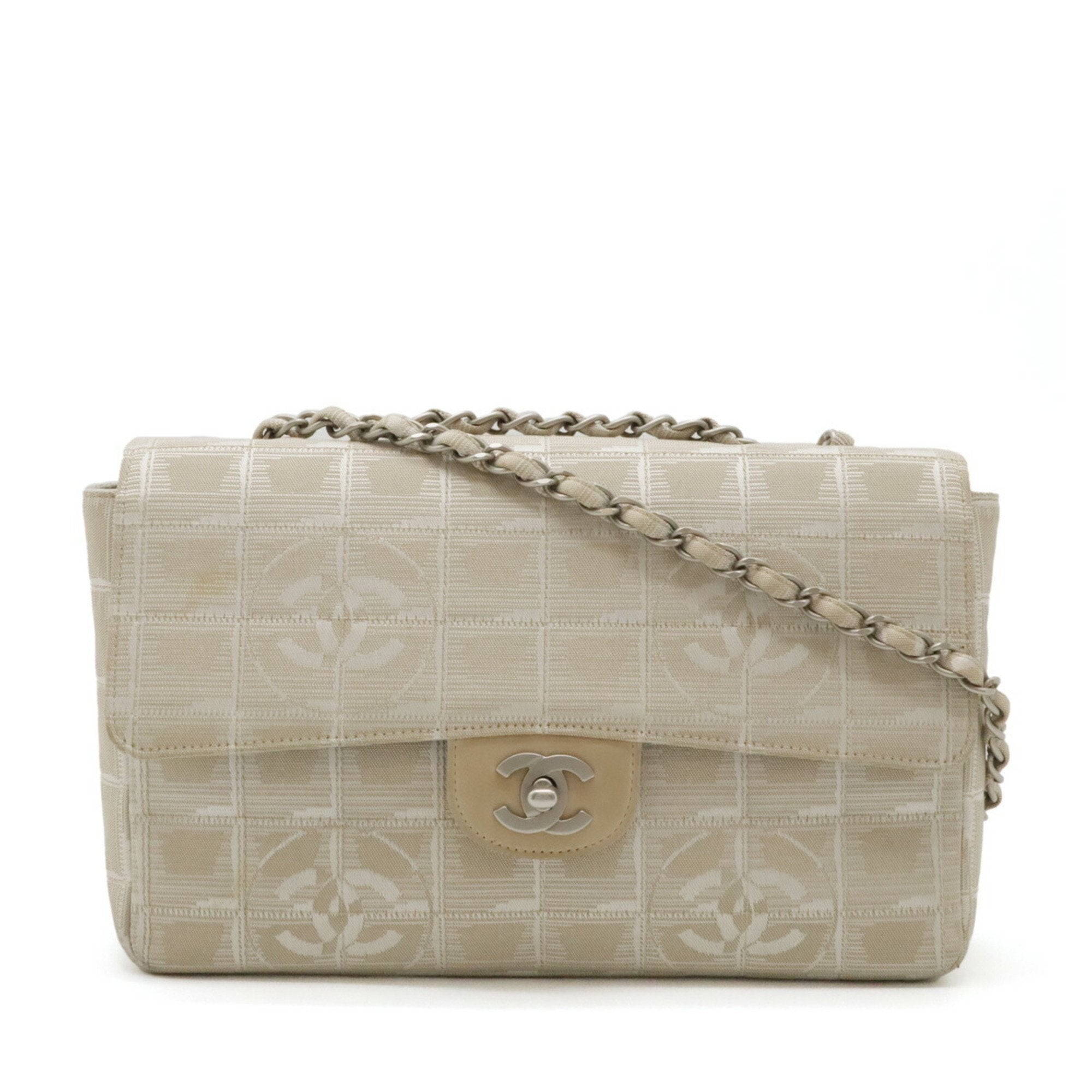 Chanel New Travel Line Beige Jacquard Leather Shoulder Bag (Pre-Owned)