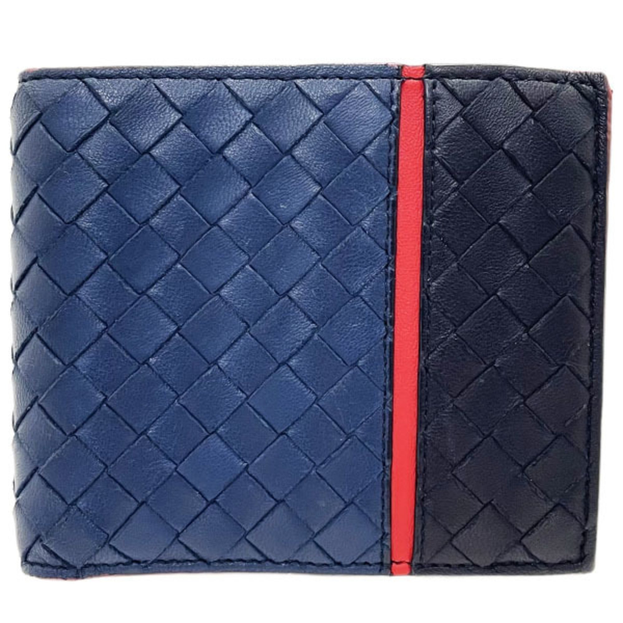 Bottega Veneta Intrecciato Black Navy Red Color Leather Wallet (Bi-Fold) (Pre-Owned)