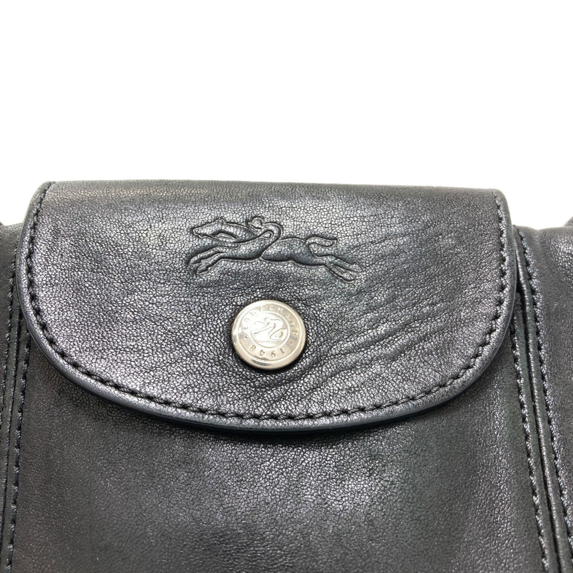 Longchamp Le Pliage Black Leather Shoulder Bag (Pre-Owned)