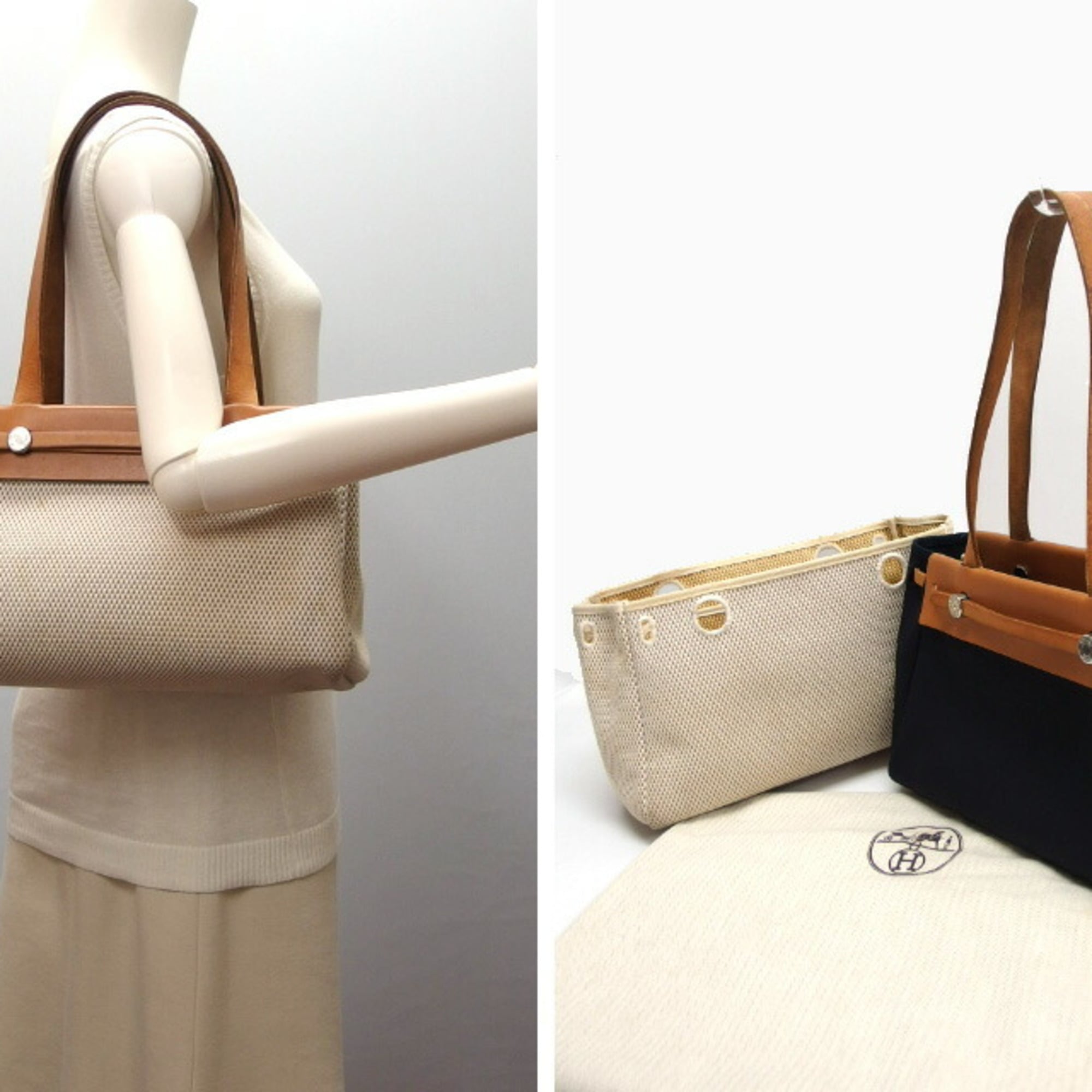 Hermes Beige Black Brown Canvas Leather Handbag Shoulder Bag Tote Bag (Pre-Owned)
