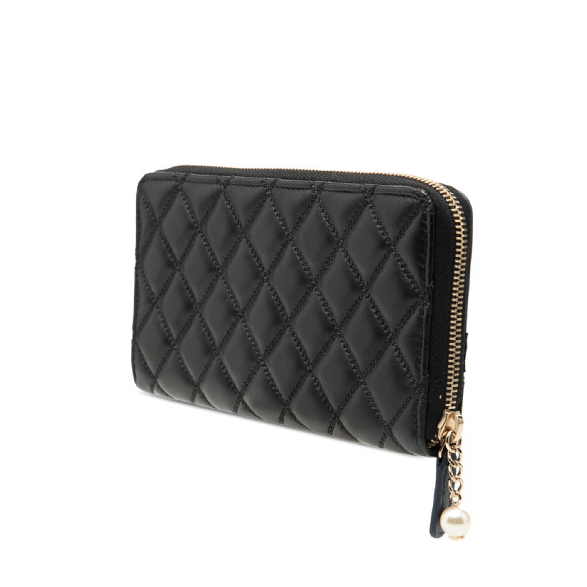 Chanel Matelasse Black Navy Leather Long Wallet (Bi-Fold) (Pre-Owned)