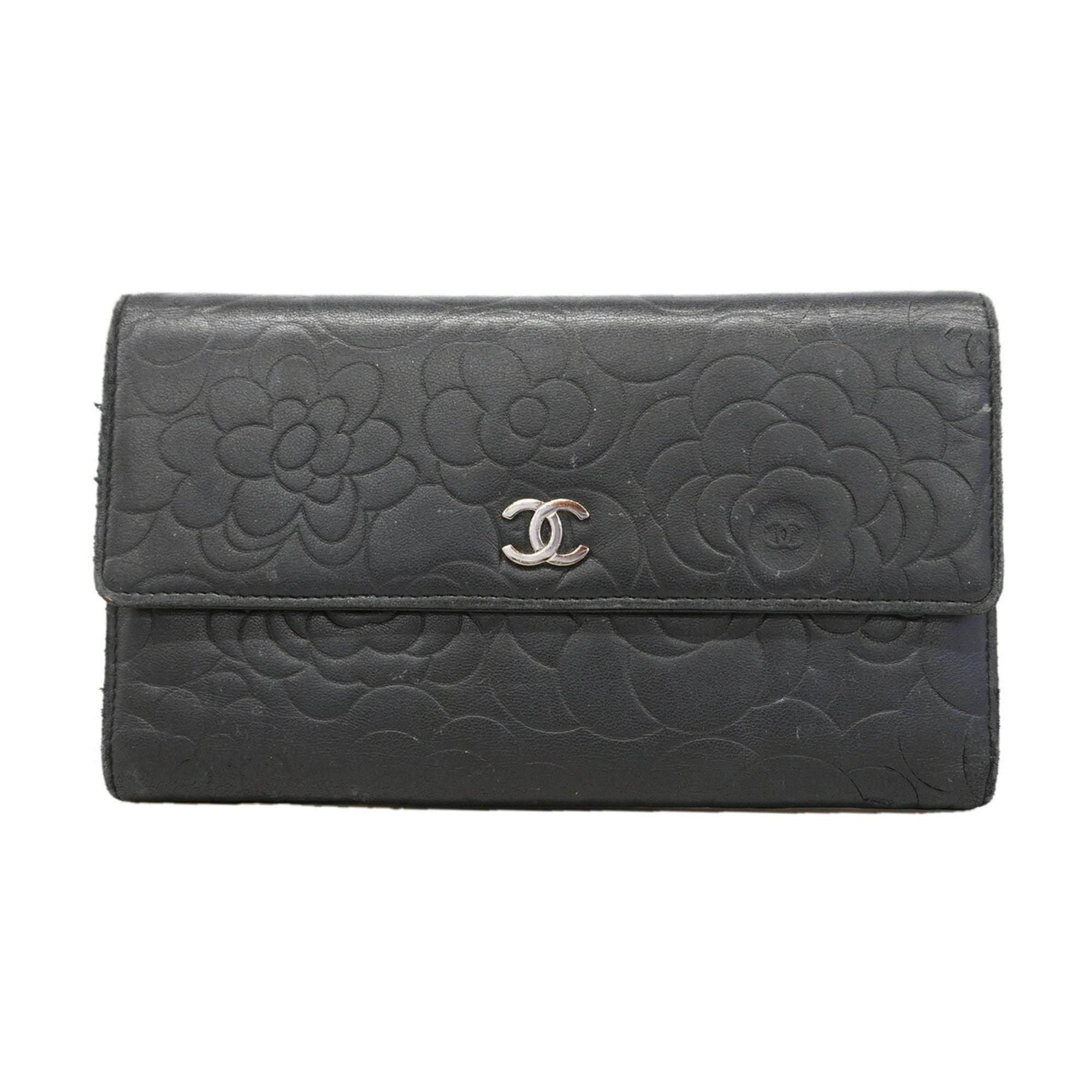 Chanel Black Leather Long Wallet (Tri-Fold) (Pre-Owned)