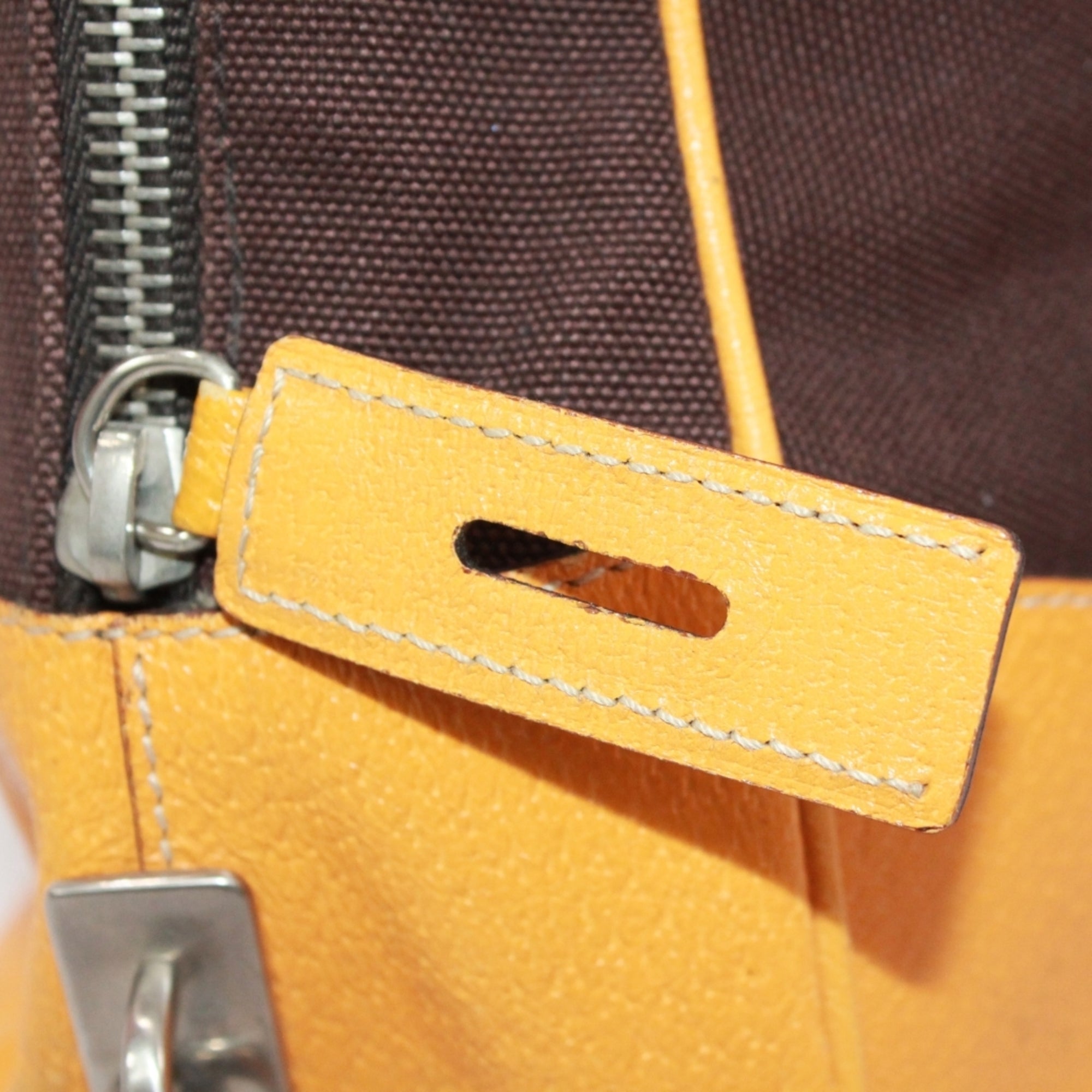 Prada Brown Yellow Leather Canvas Boston Bag Handbag (Pre-Owned)