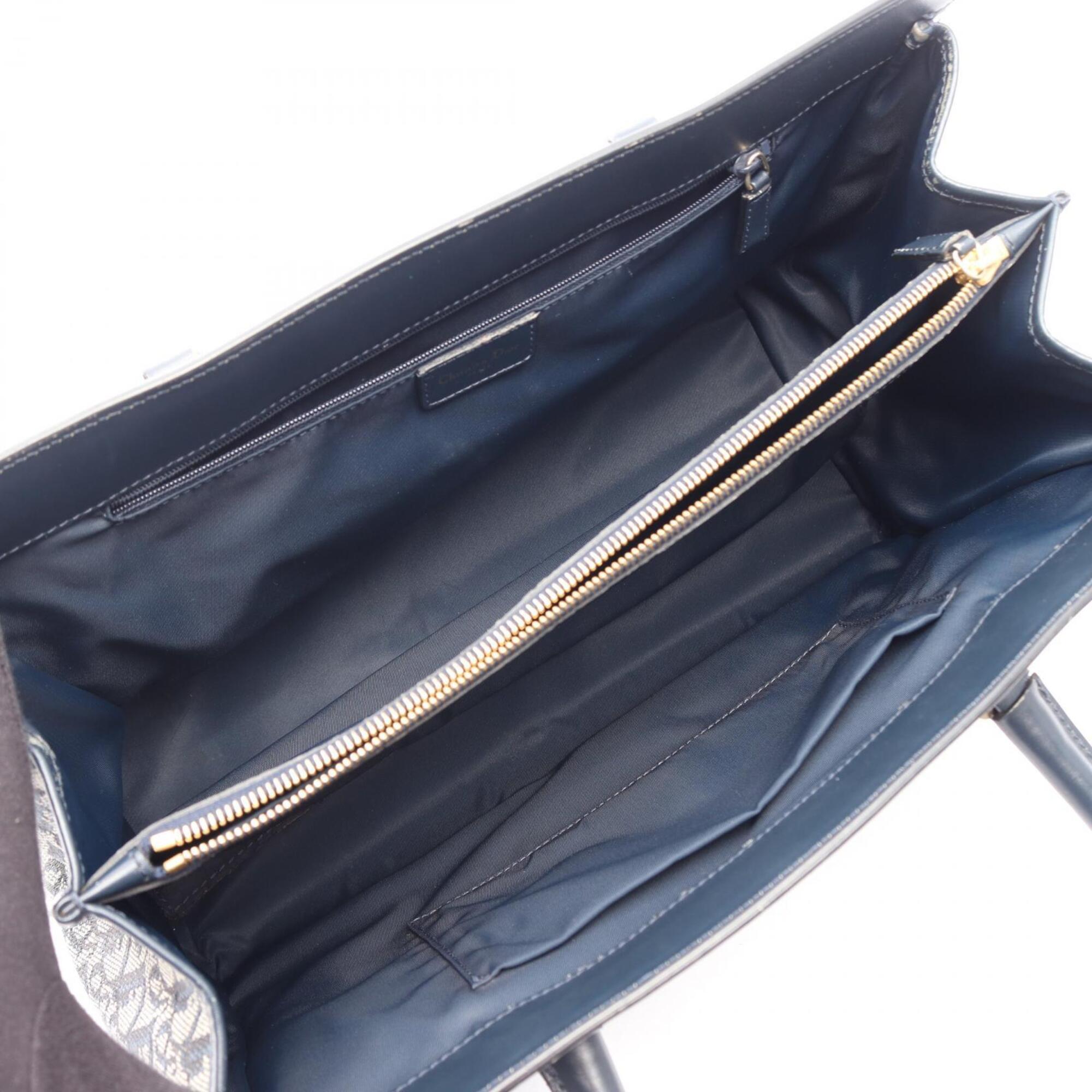 Christian Dior Black Ivory Navy Canvas Leather Handbag (Pre-Owned)