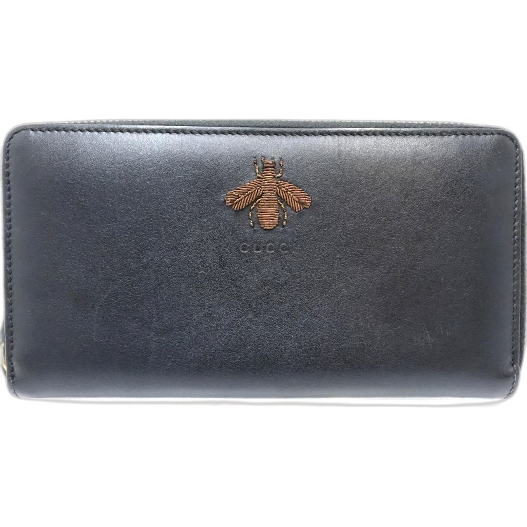 Gucci Animalier Black Leather Long Wallet (Bi-Fold) (Pre-Owned)