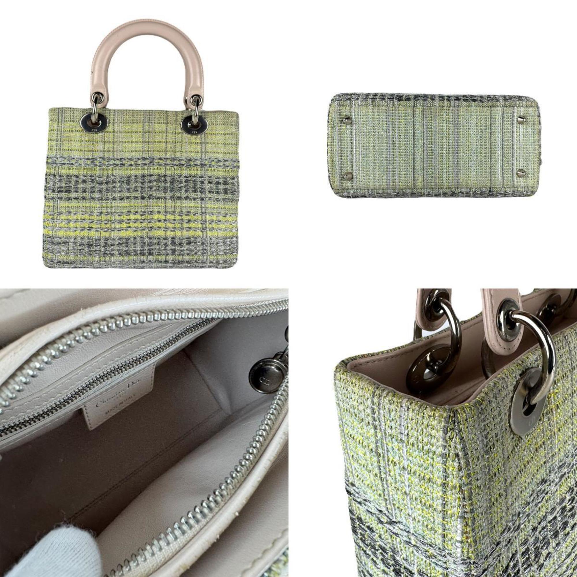 Christian Dior Green Pink Beige Tweed Leather Handbag Shoulder Bag (Pre-Owned)