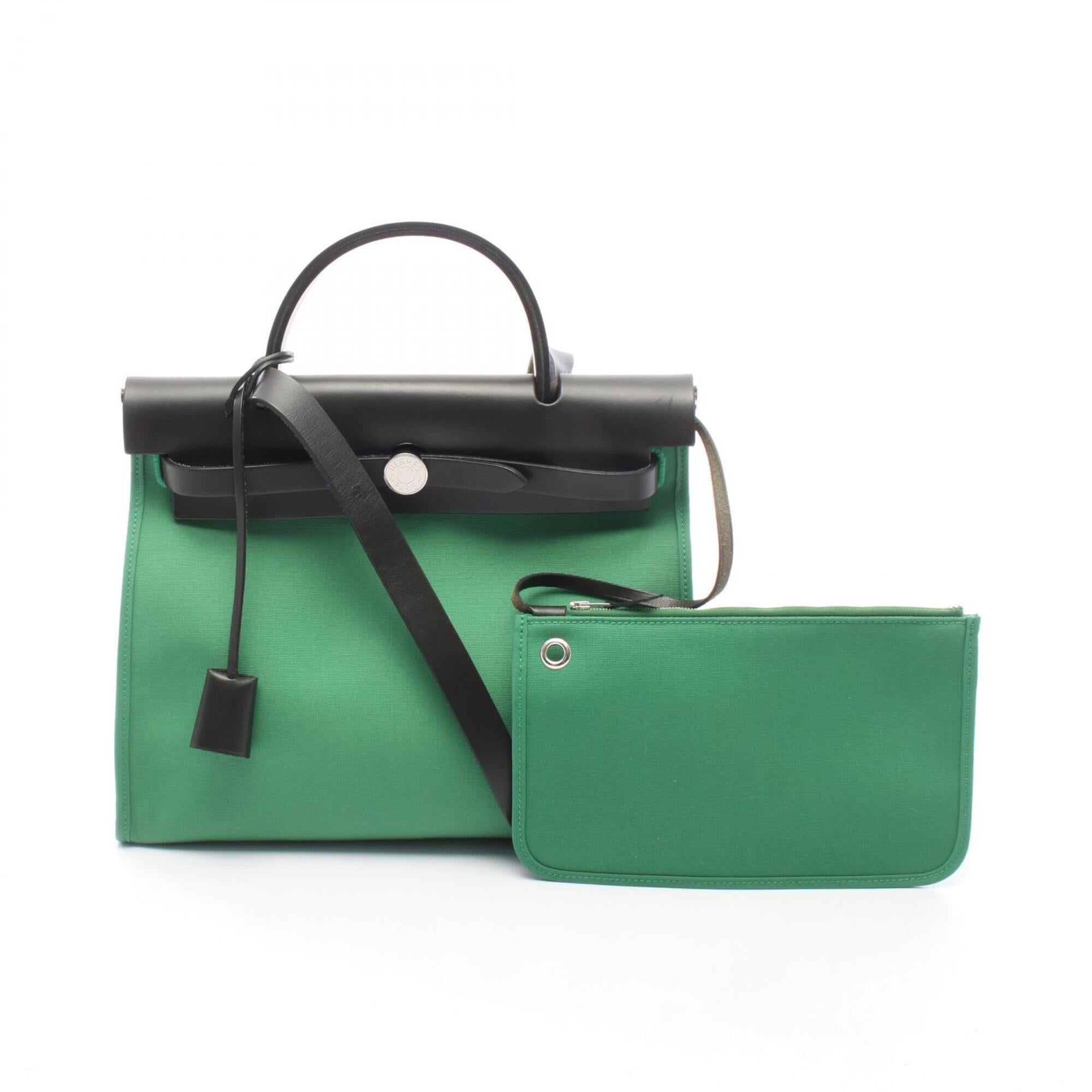 Hermes Black Green Canvas Leather Handbag (Pre-Owned)