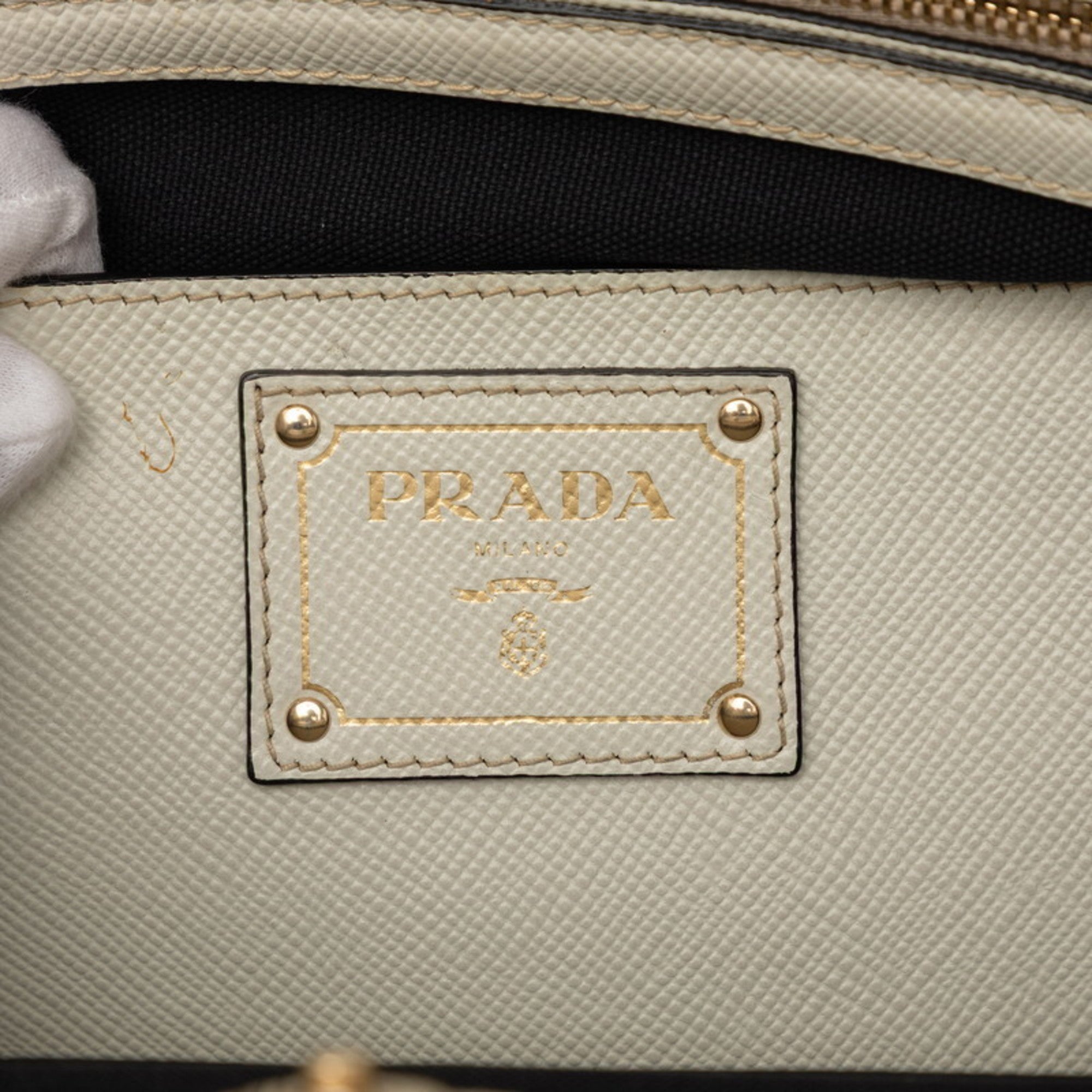Prada Black White Canvas Leather Handbag (Pre-Owned)