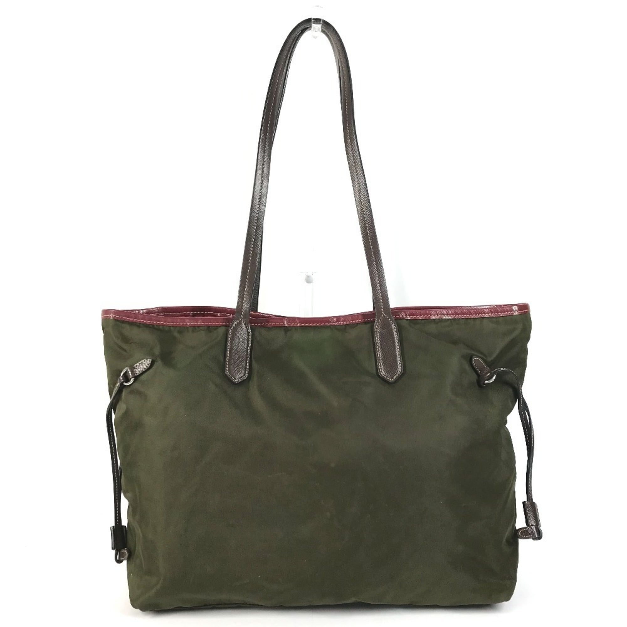 Prada Khaki Red Color Leather Nylon Shoulder Bag Tote Bag (Pre-Owned)