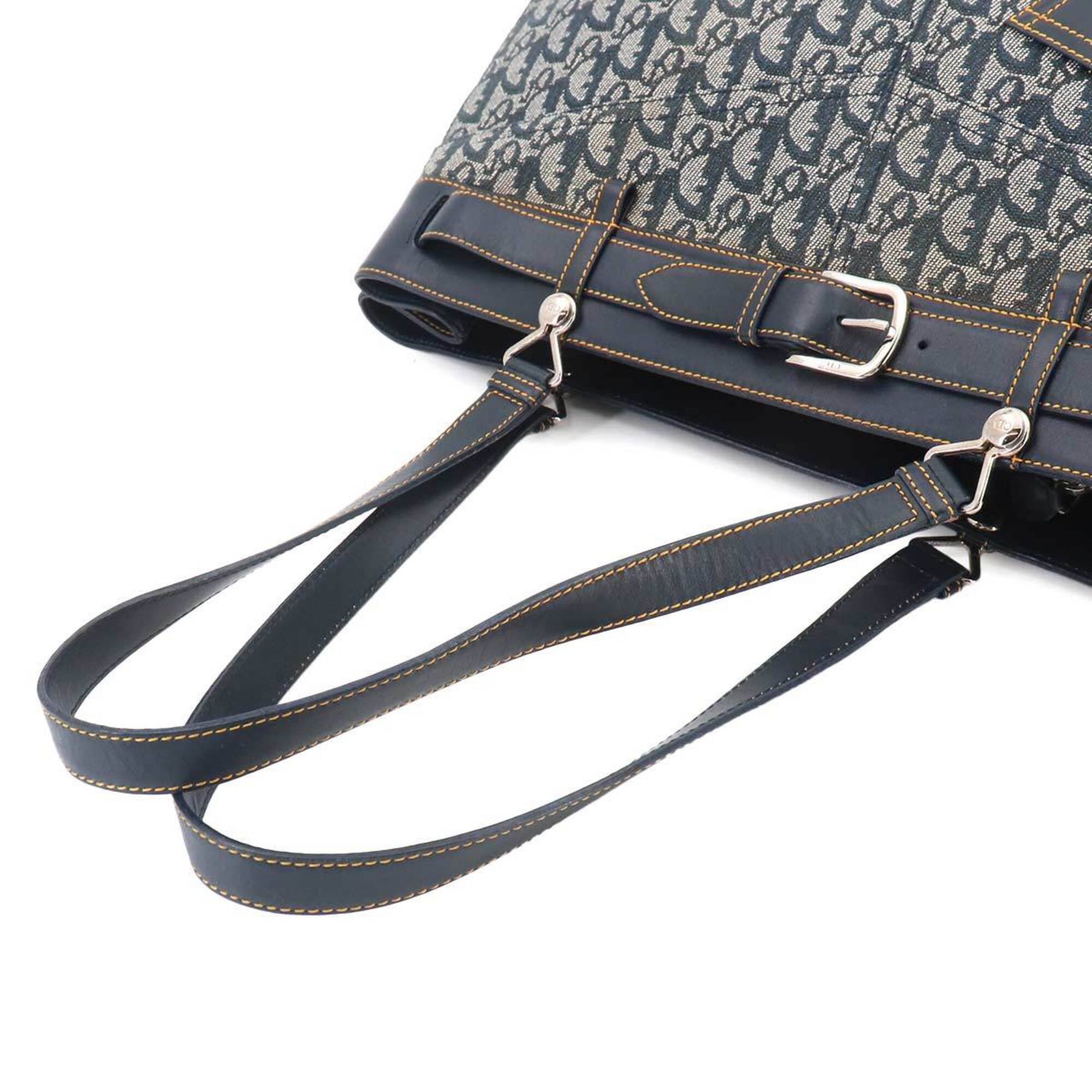 Christian Dior Navy Leather Canvas Handbag Tote Bag (Pre-Owned)