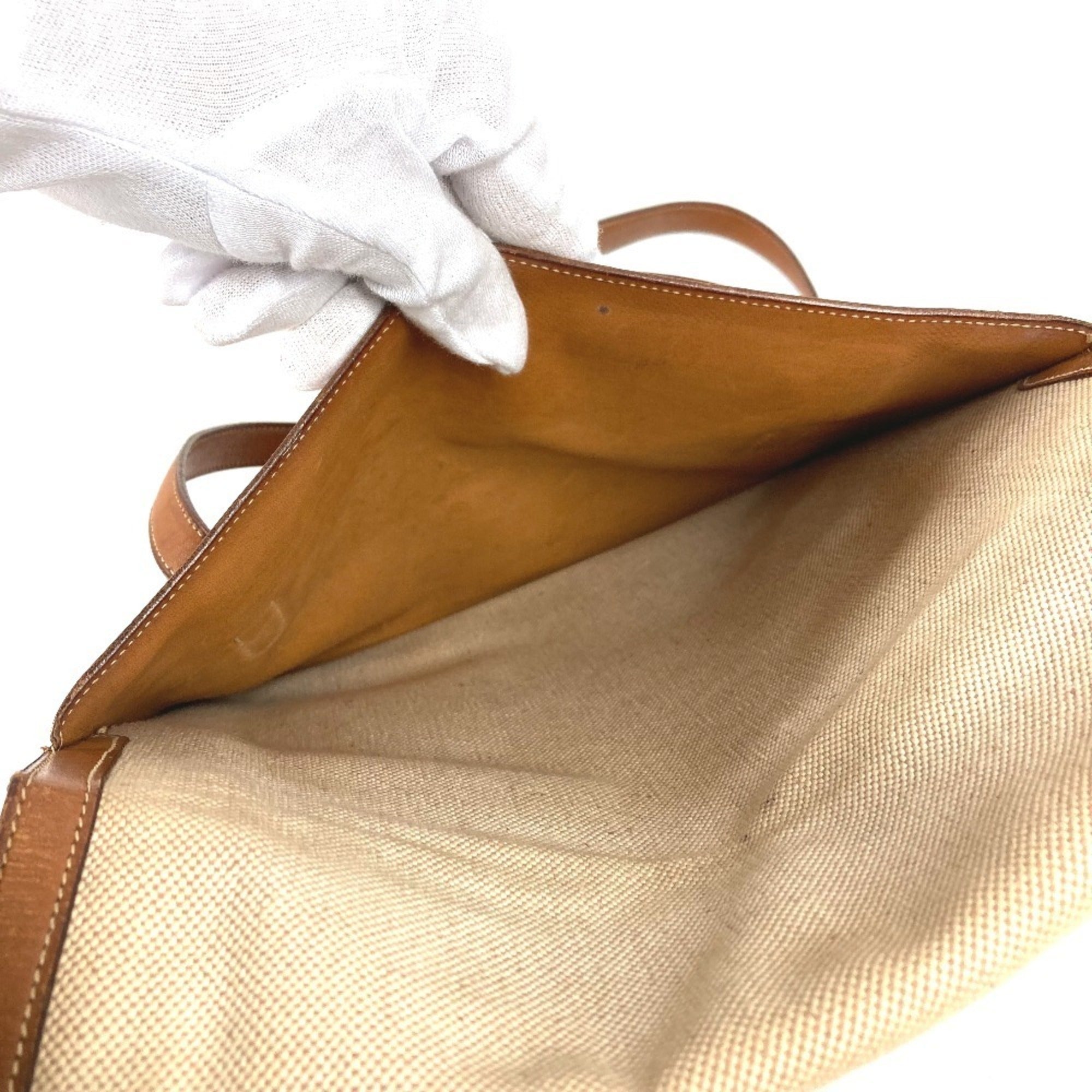 Hermes Beige Brown Leather Canvas Handbag Shoulder Bag (Pre-Owned)