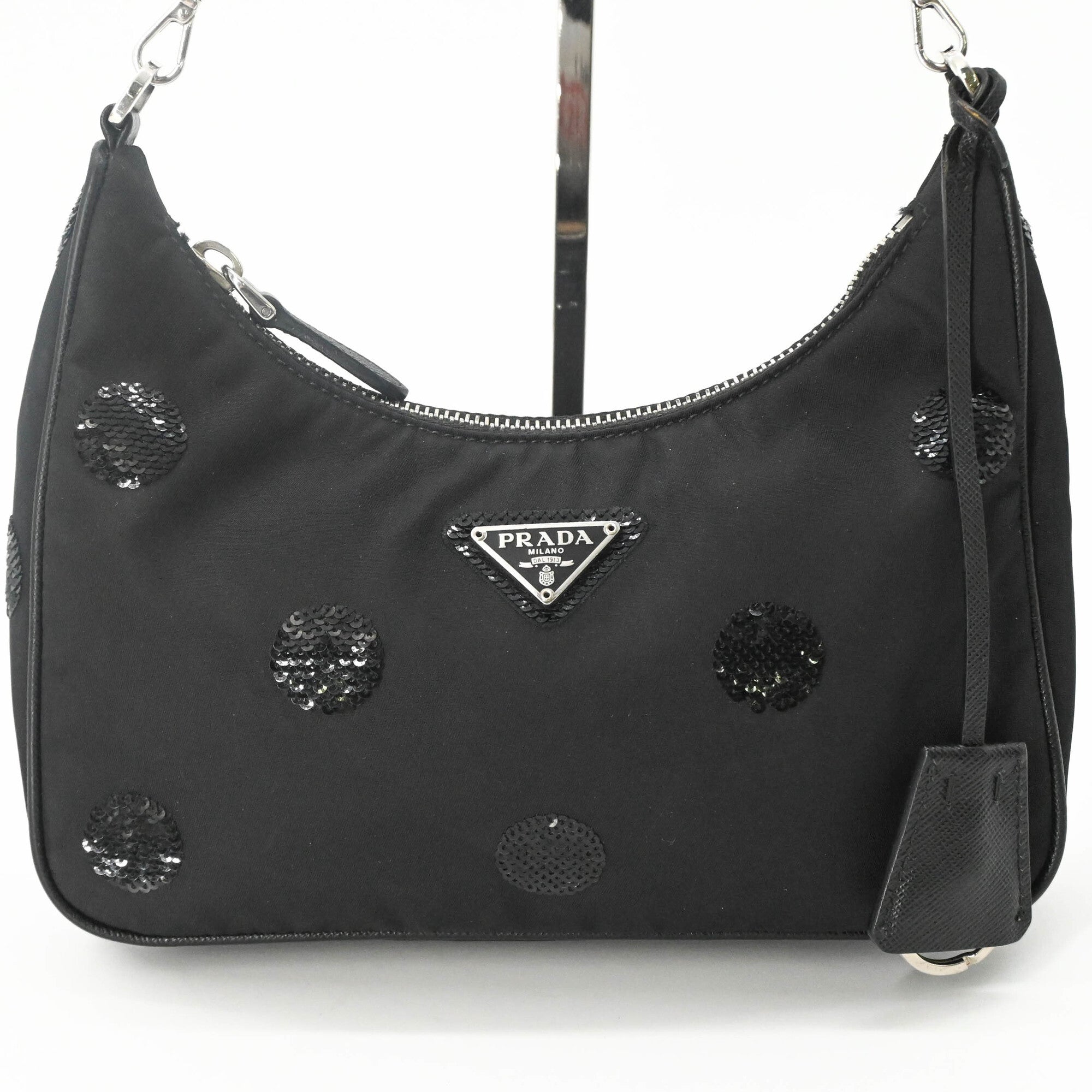 Prada Black Nylon Leather Spangles Handbag Shoulder Bag (Pre-Owned)