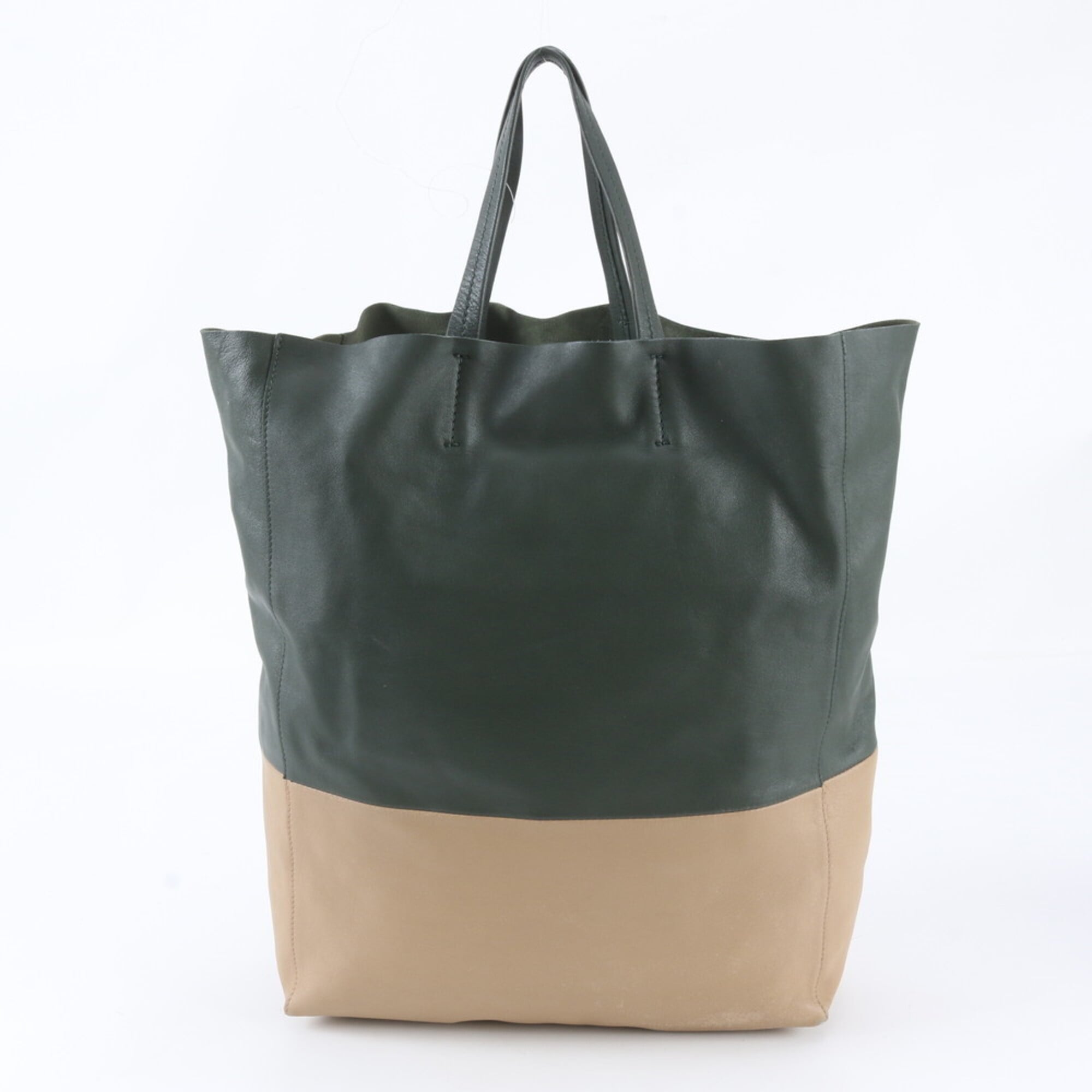 Celine Cabas Beige Moss Green Leather Handbag Tote Bag (Pre-Owned)