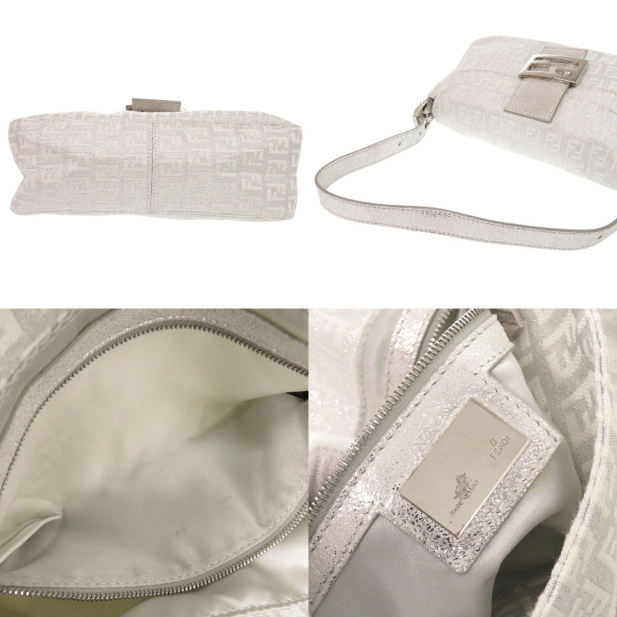 Fendi Silver Canvas Leather Handbag Shoulder Bag (Pre-Owned)