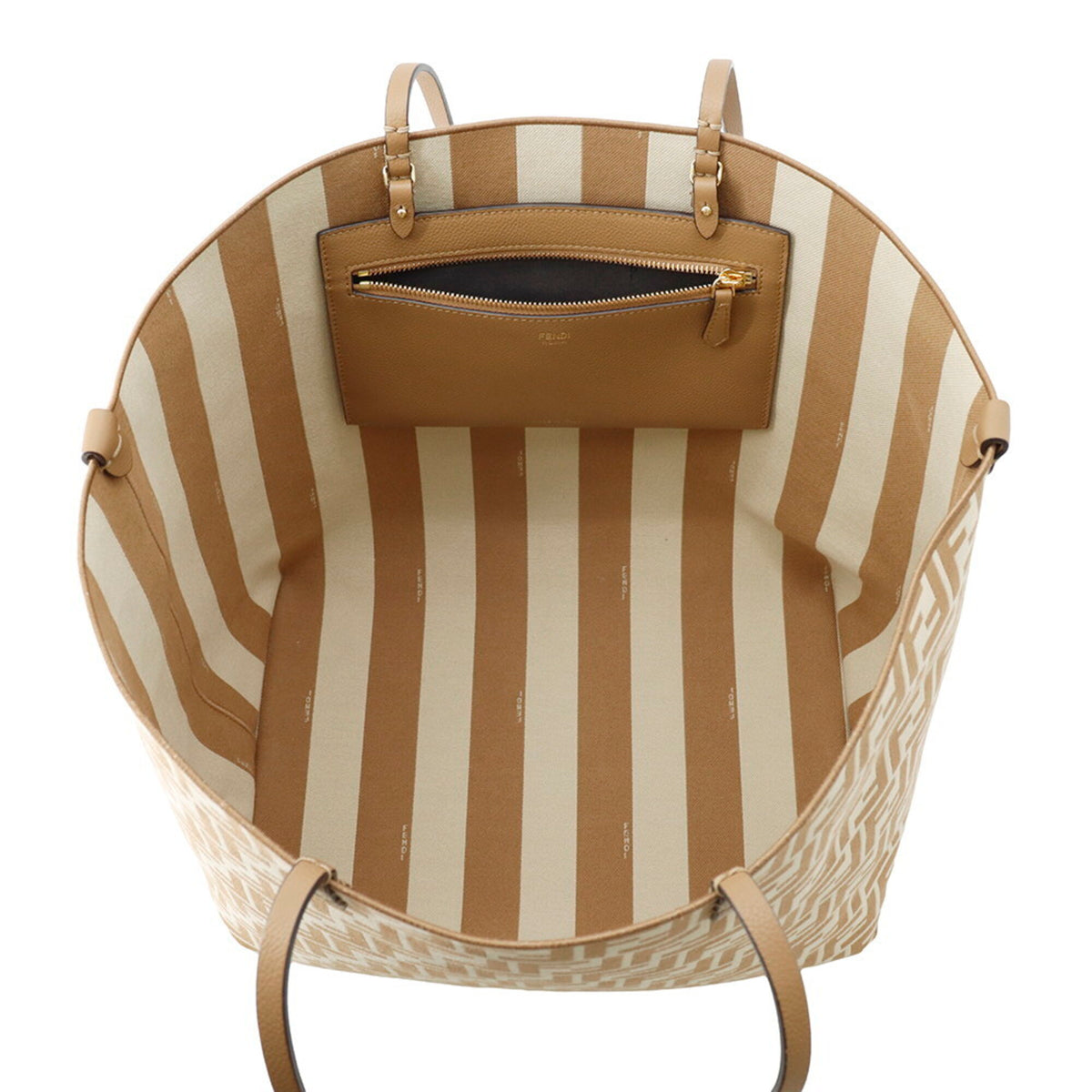 Fendi Pequin Beige Brown Canvas Leather Handbag Tote Bag (Pre-Owned)