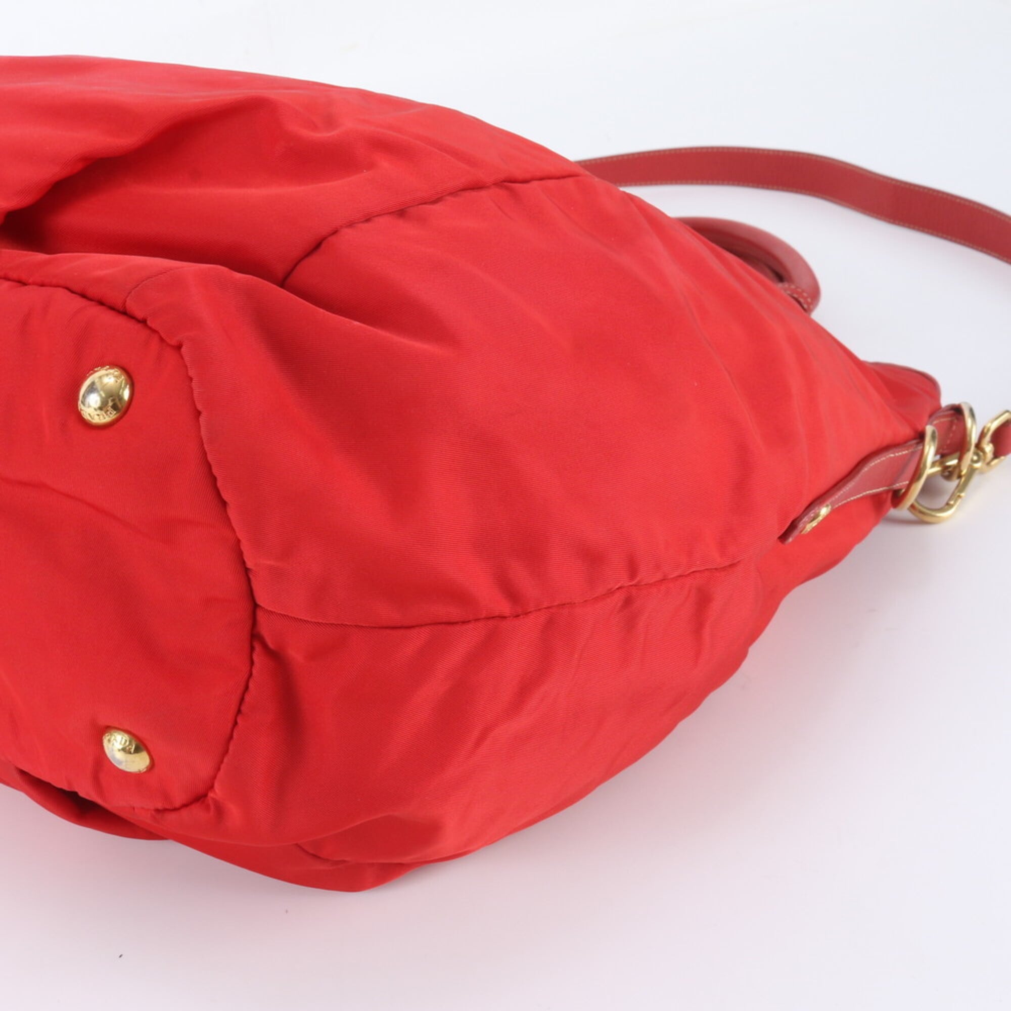 Prada Red Color Nylon Leather Shoulder Bag Tote Bag (Pre-Owned)