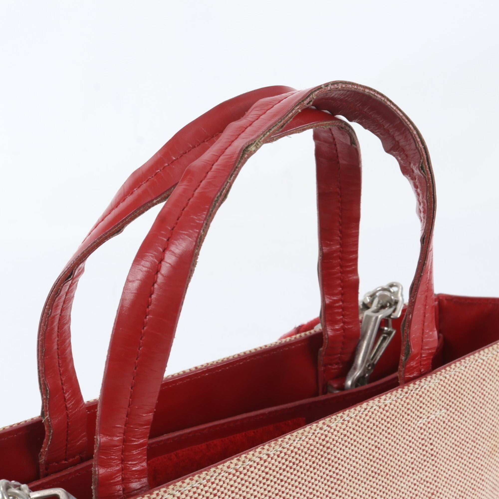 Prada Red Color Leather Canvas Crossbody Bag Handbag Shoulder Bag Tote Bag (Pre-Owned)