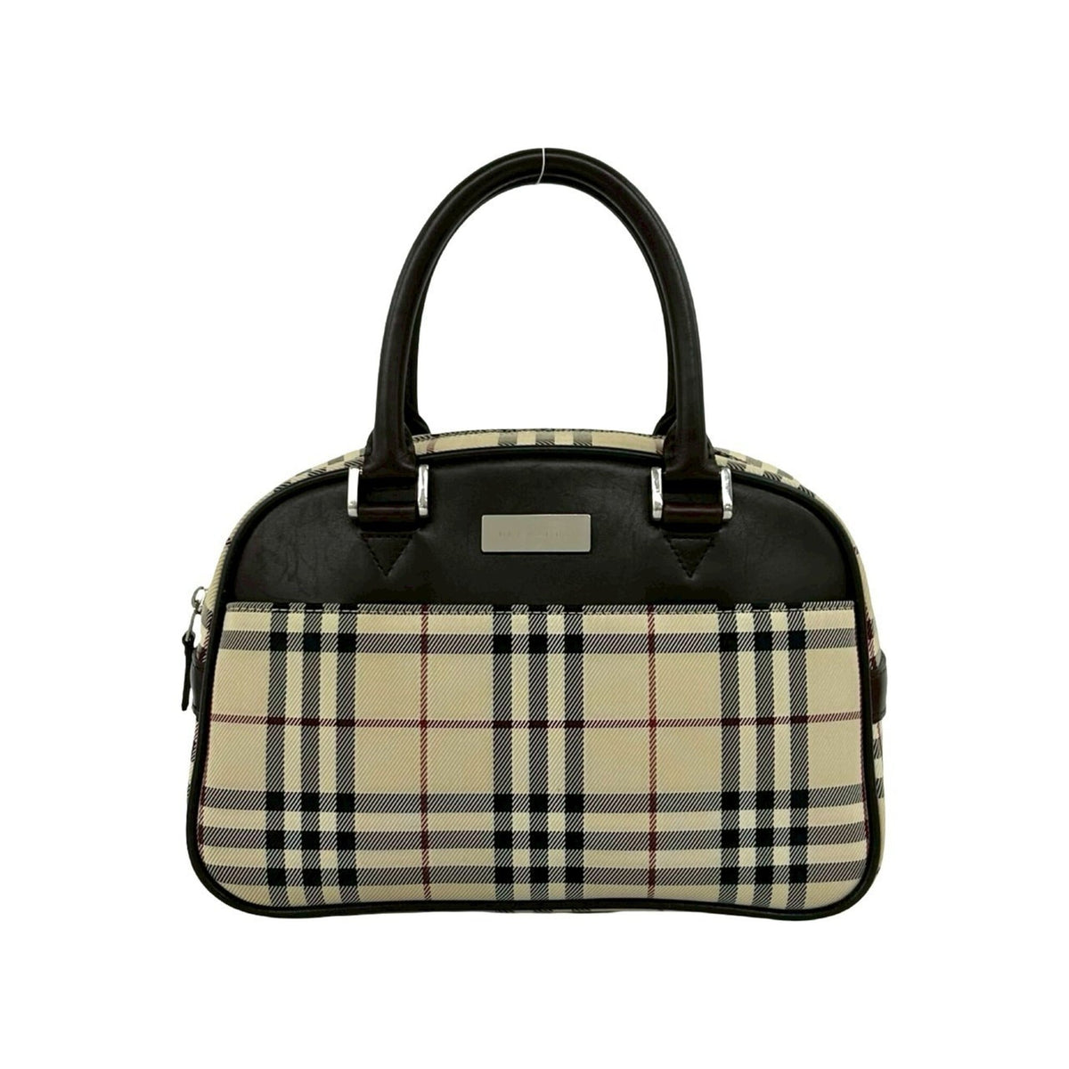 Burberry Beige Brown Leather Canvas Boston Bag Handbag (Pre-Owned)