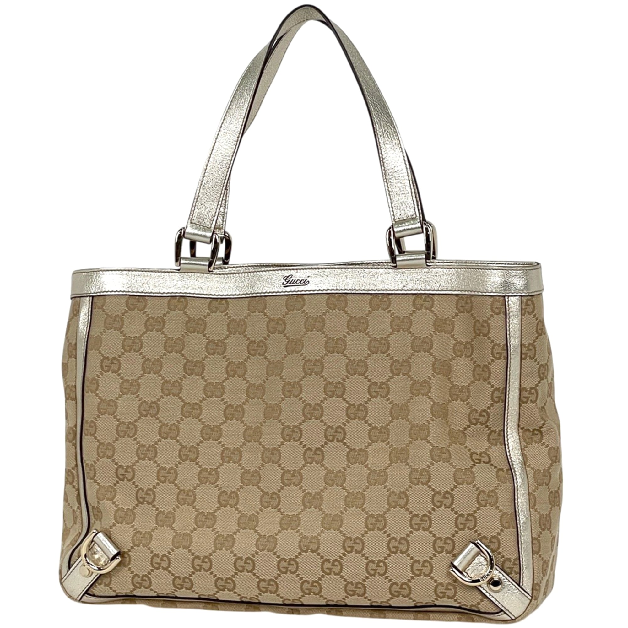 Gucci Beige Gold Gg Canvas Leather Tote Bag (Pre-Owned)