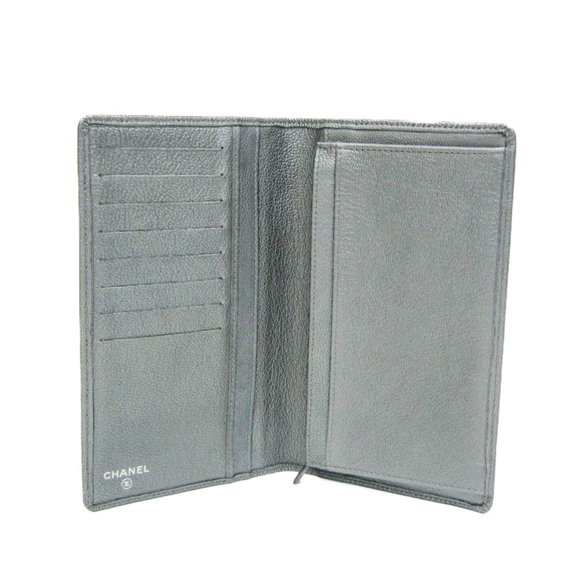 Chanel Coco Button Silver Leather Long Wallet (Bi-Fold) (Pre-Owned)