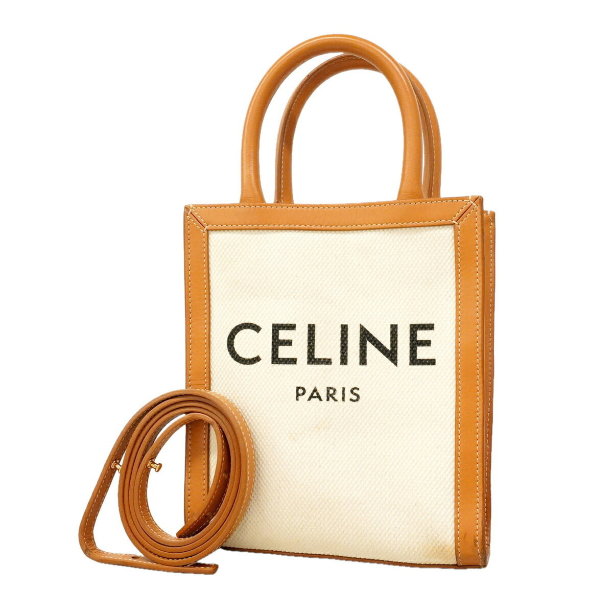 Celine Brown Ivory Canvas Leather Handbag (Pre-Owned)