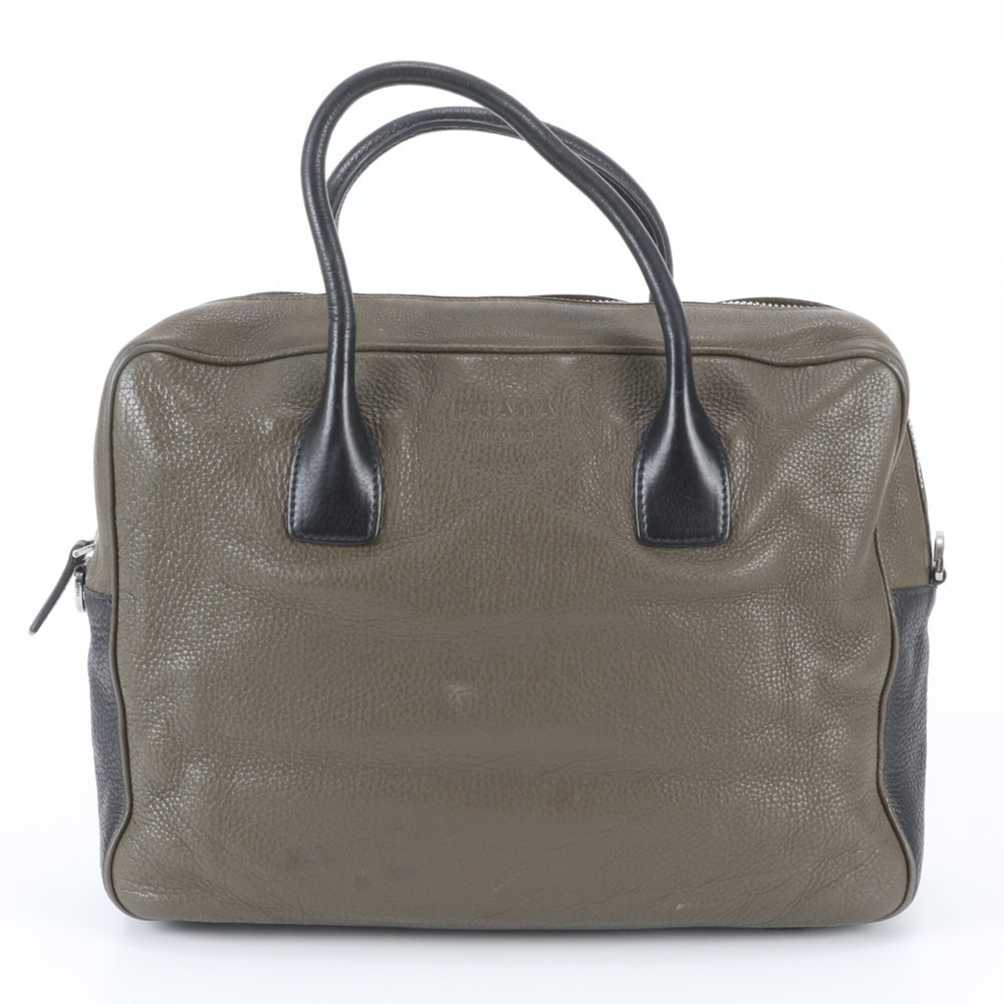 Prada Black Green Khaki Leather Briefcase Tote Bag (Pre-Owned)