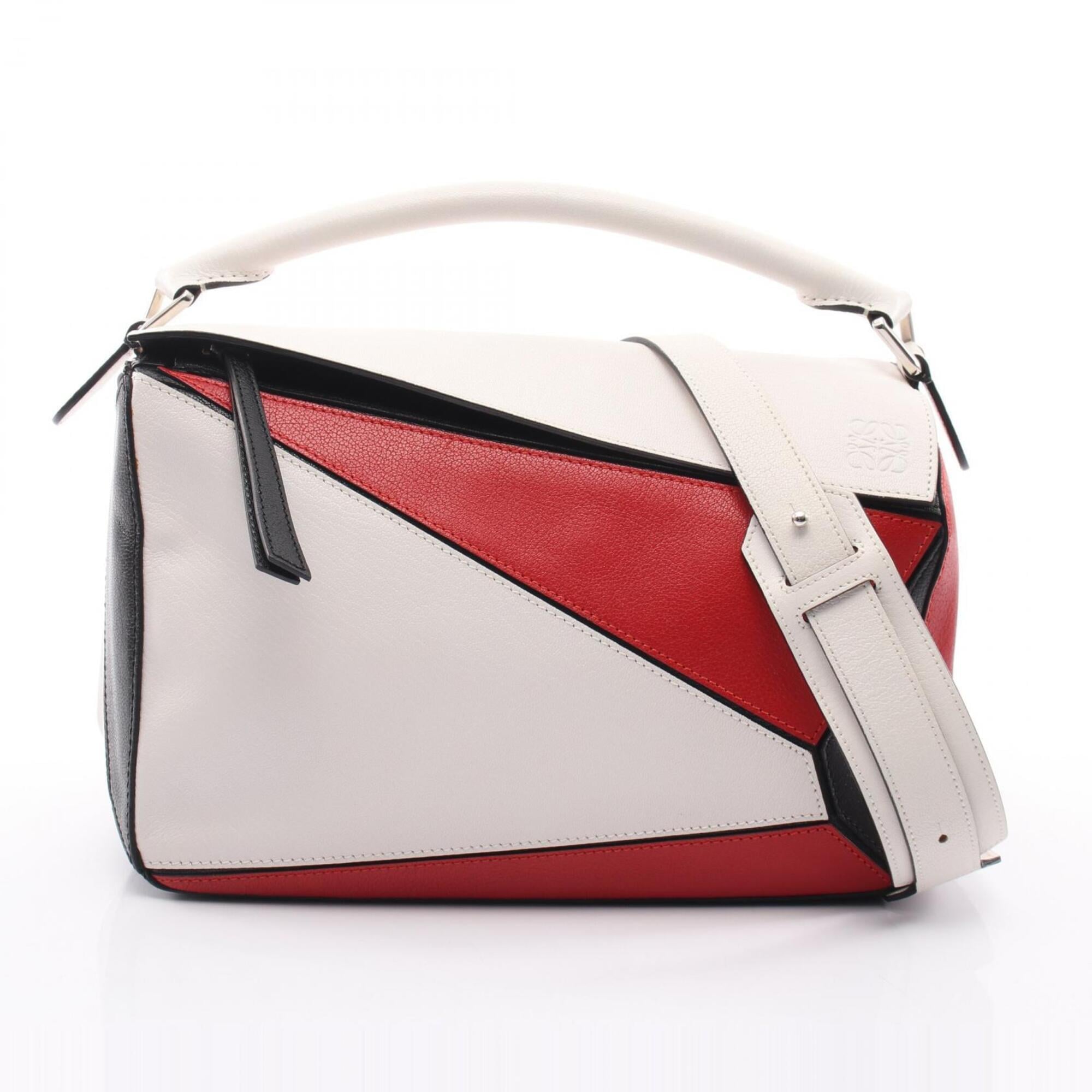 Loewe Puzzle Black Red Color White Leather Handbag (Pre-Owned)