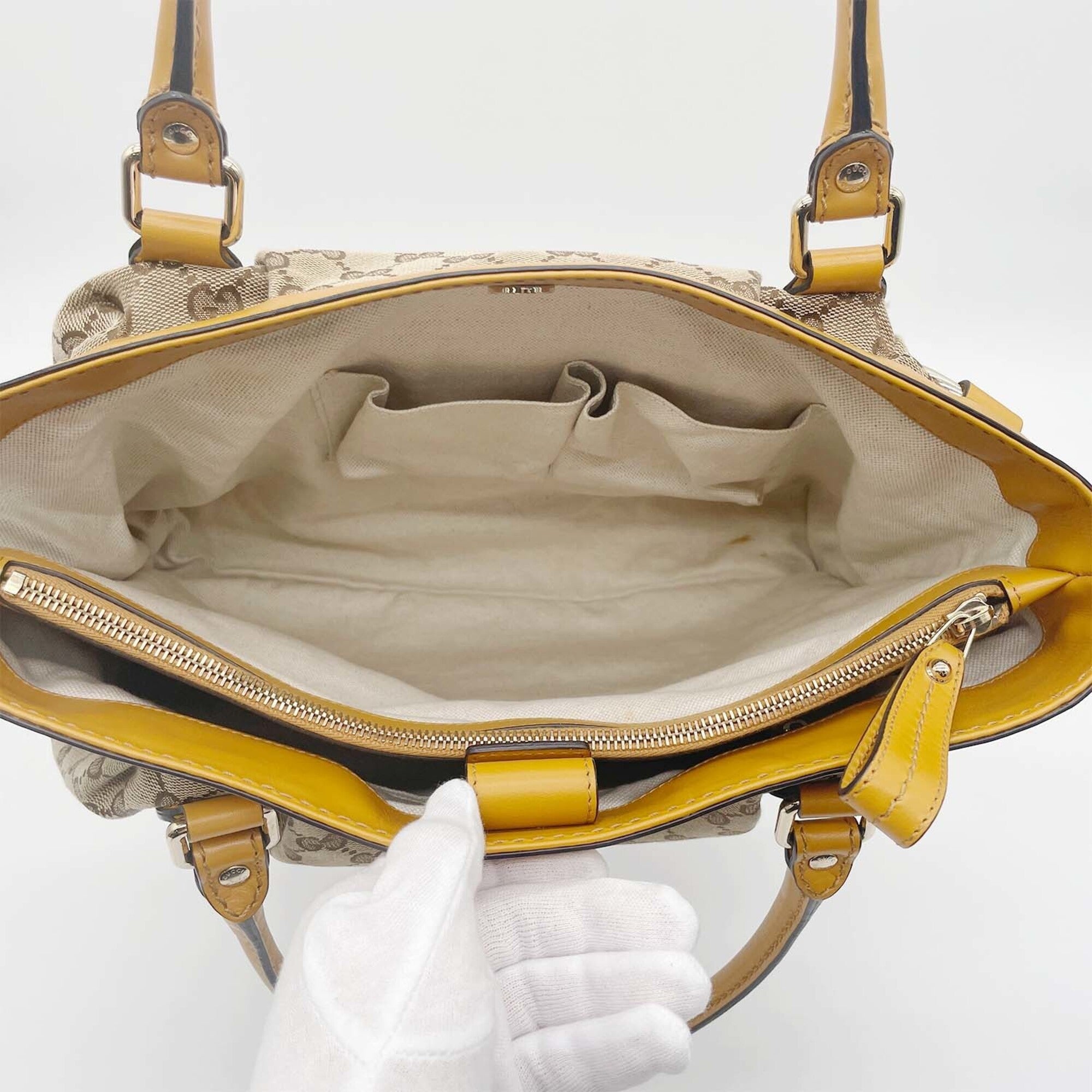 Gucci Brown Yellow Canvas Leather Handbag Tote Bag (Pre-Owned)