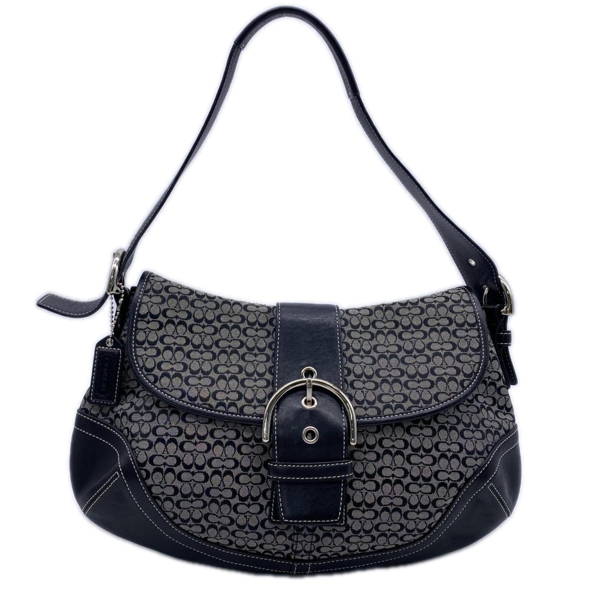 Coach Gray Navy Signature Line Handbag Shoulder Bag (Pre-Owned)