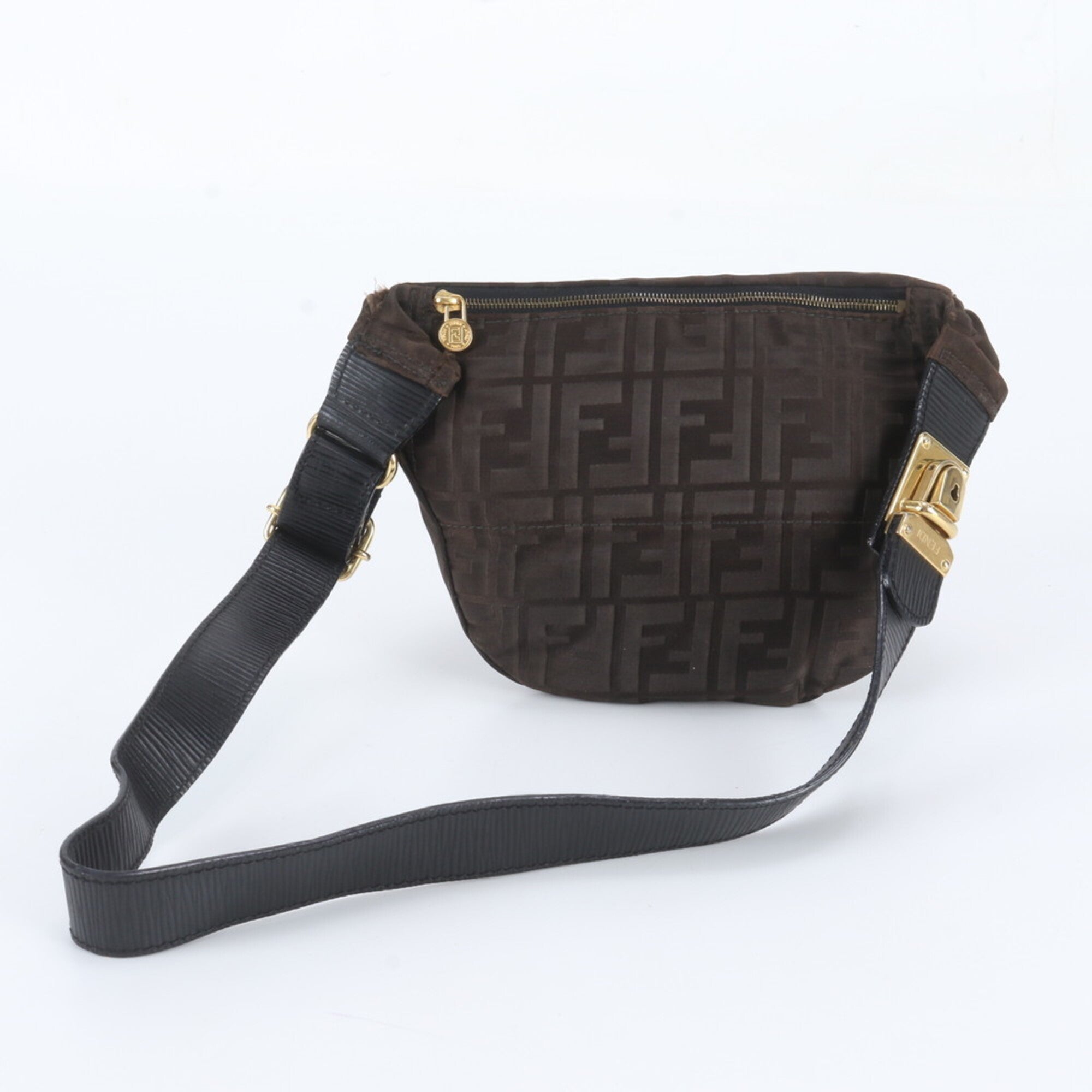 Fendi Brown Leather Nylon Pouch Shoulder Bag Sling Bag (Pre-Owned)