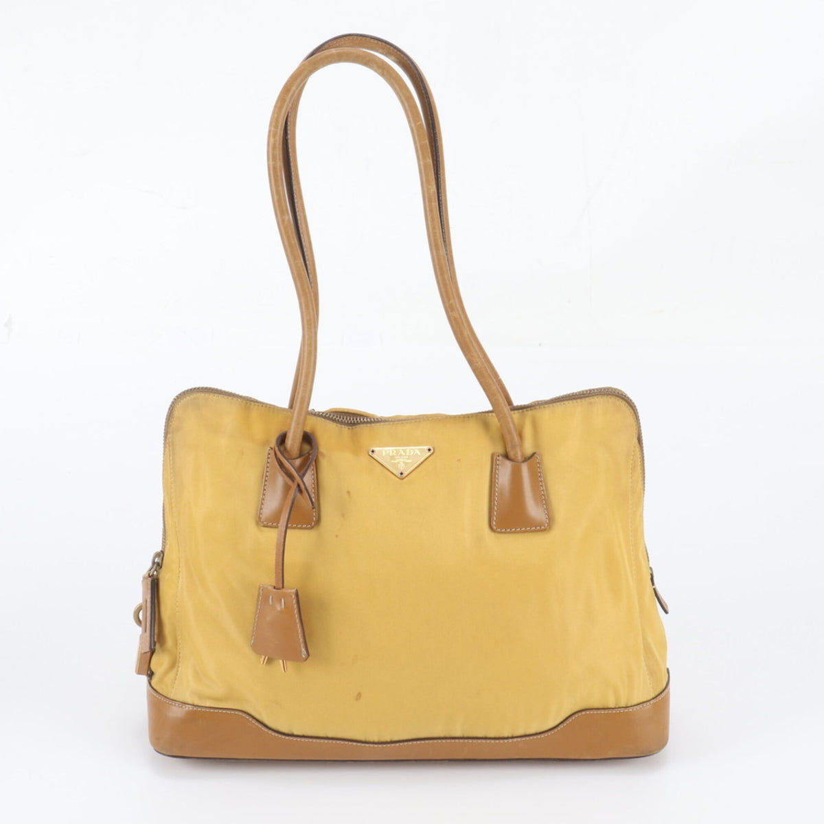 Prada Brown Yellow Leather Nylon Tote Bag (Pre-Owned)