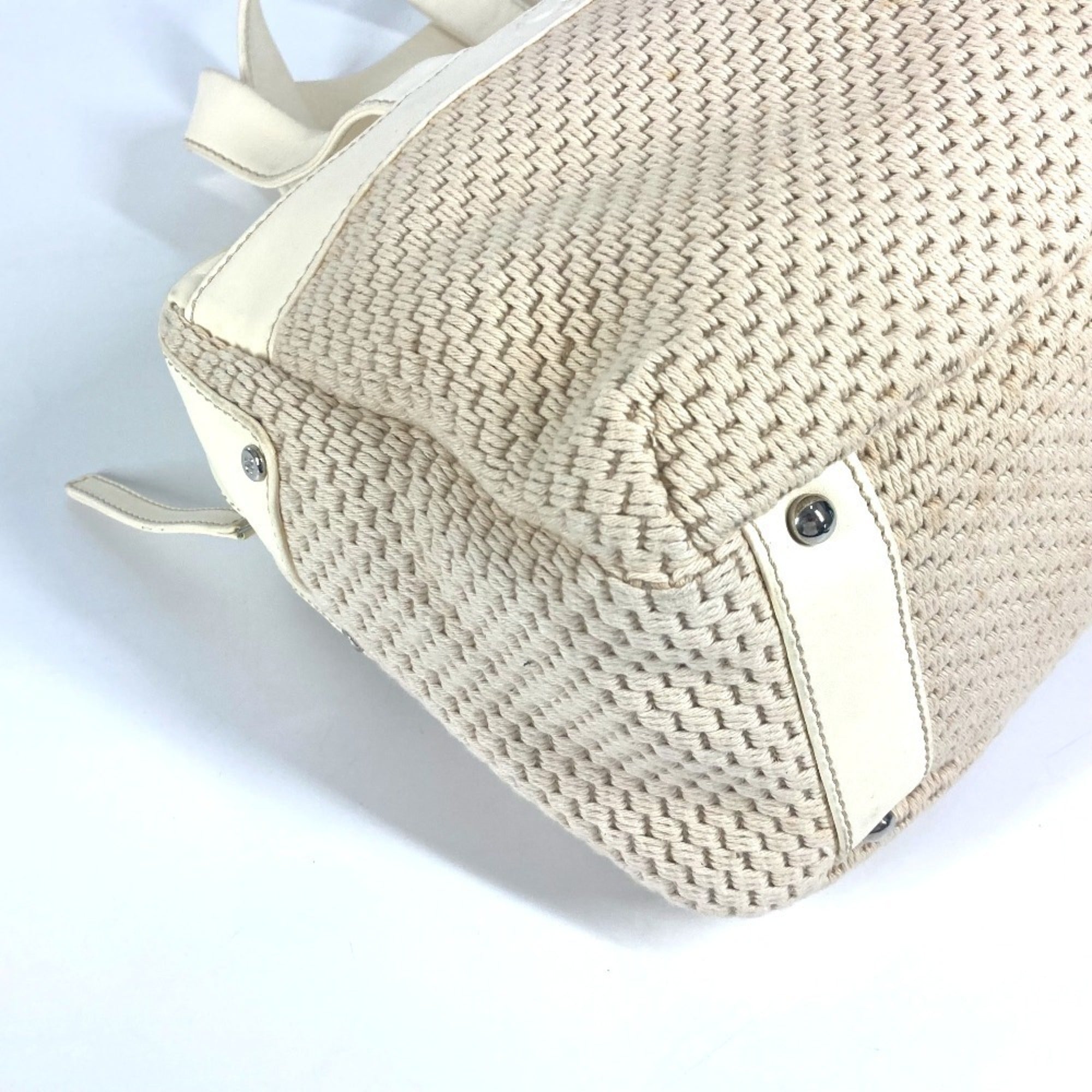 Chanel Beige White Leather Canvas Handbag Shoulder Bag Tote Bag (Pre-Owned)