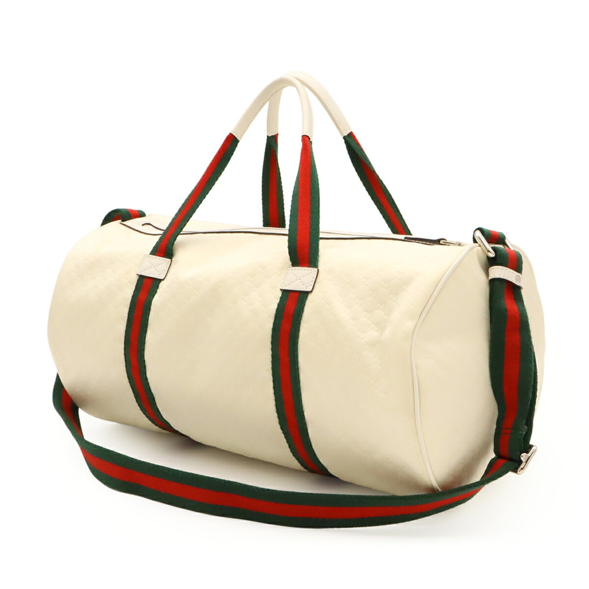 Gucci Green Red Color White Nylon Canvas Leather Boston Bag Shoulder Bag (Pre-Owned)