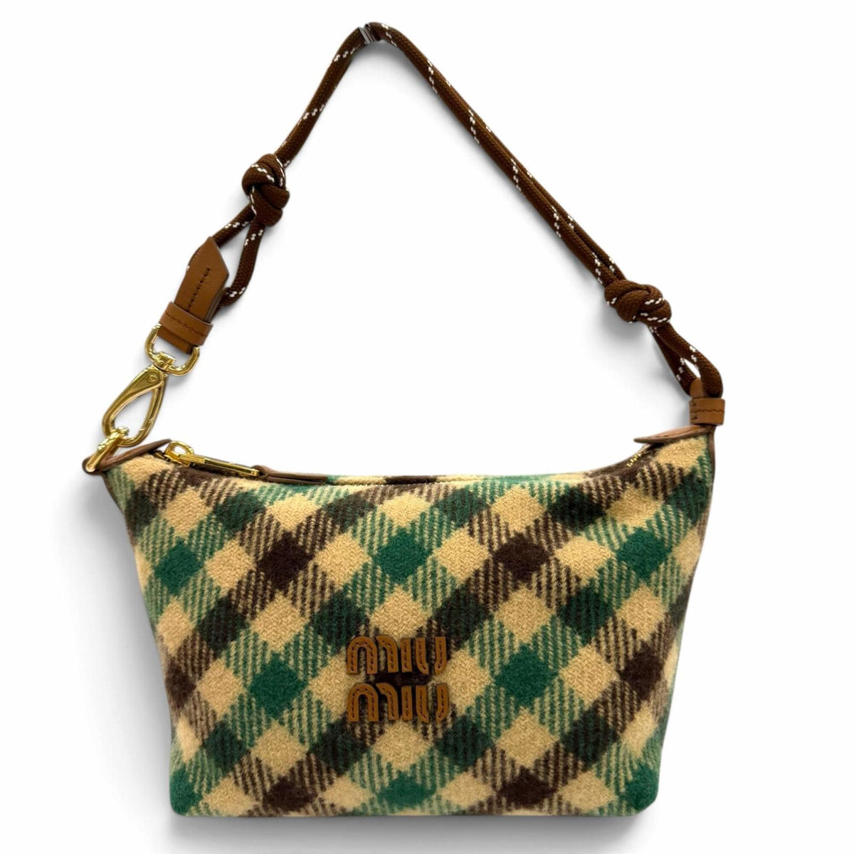 Miu Miu Brown Green Wool Cotton Leather Handbag Pouch (Pre-Owned)