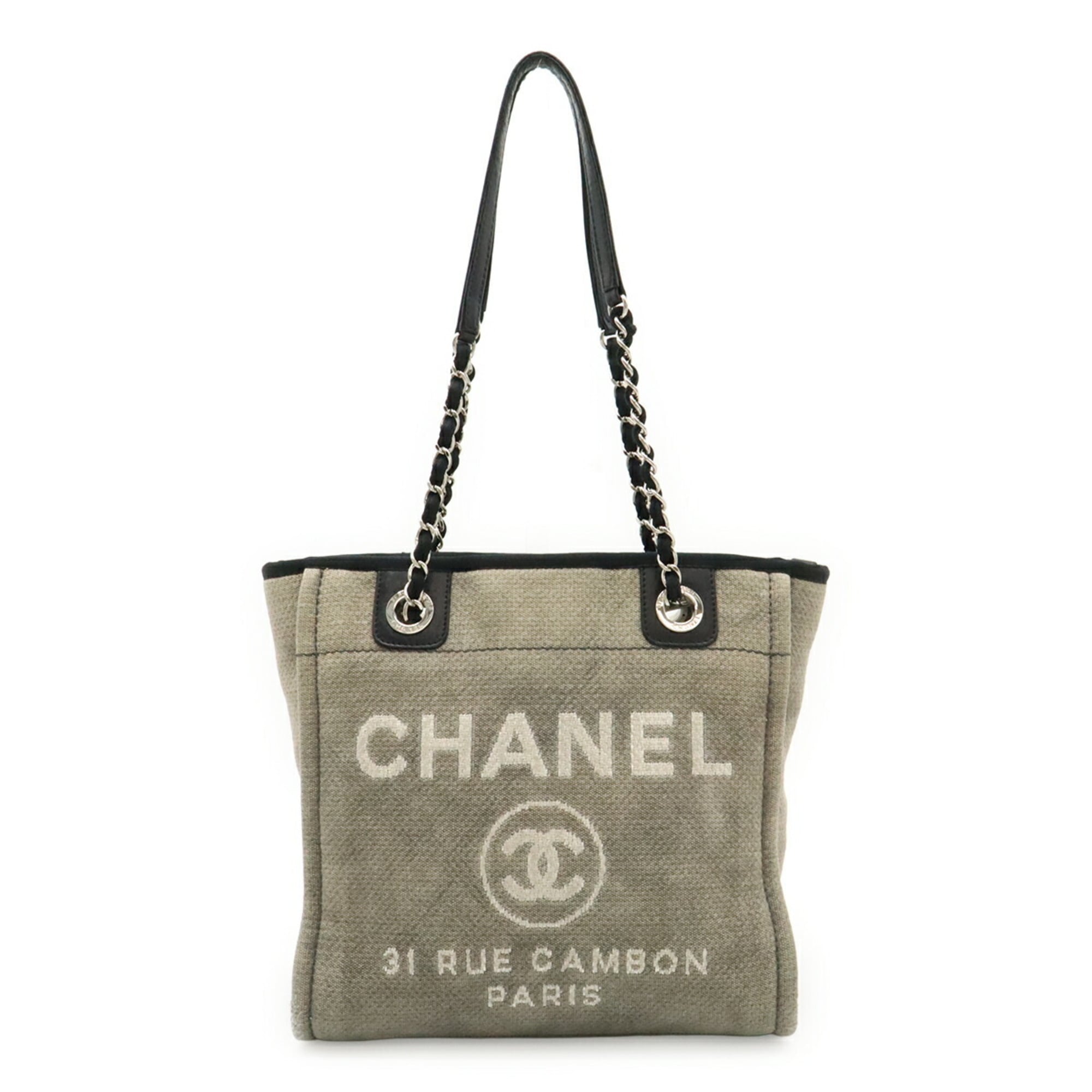 Chanel Black Gray Canvas Leather Shoulder Bag Tote Bag (Pre-Owned)