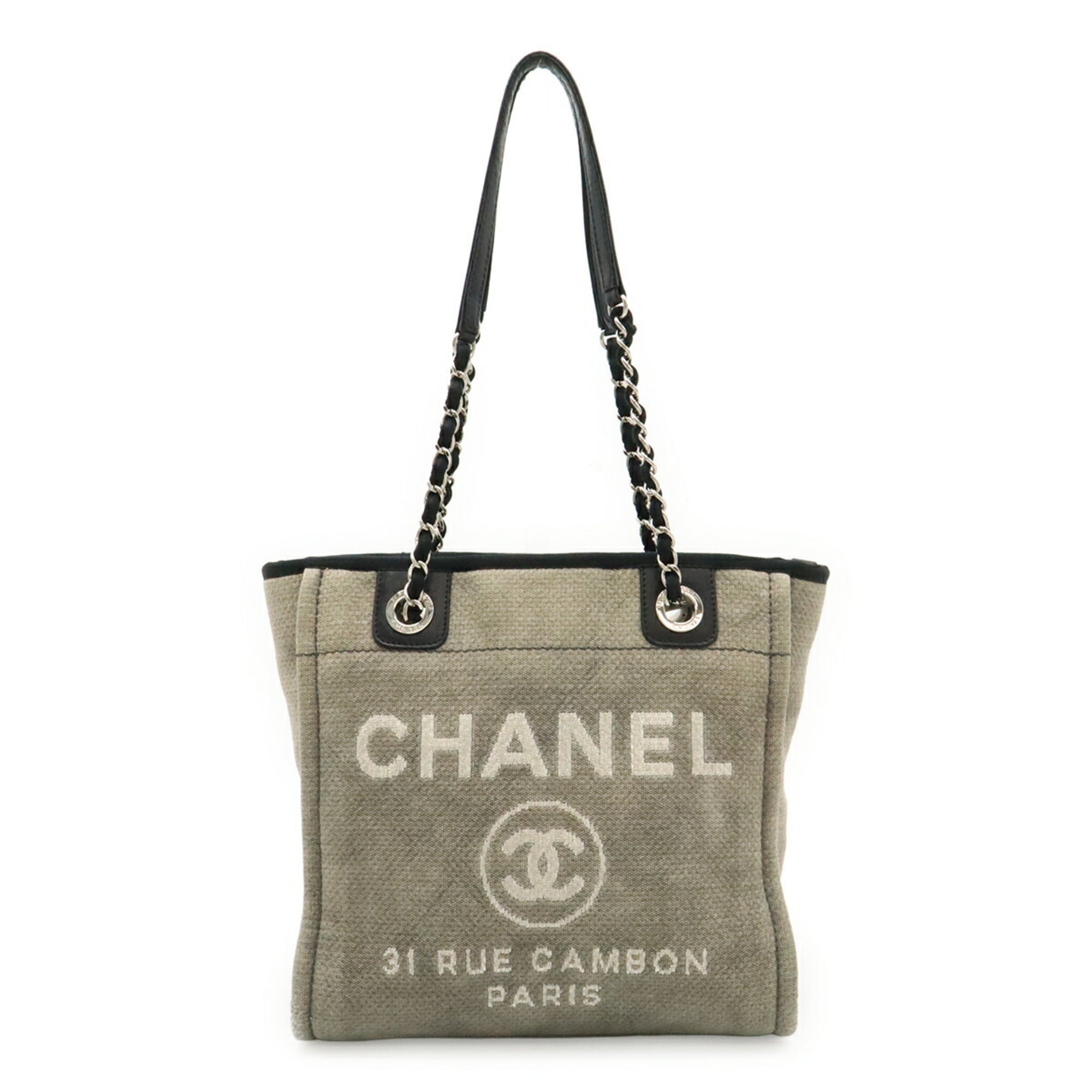 Chanel Black Gray Canvas Leather Shoulder Bag Tote Bag (Pre-Owned)