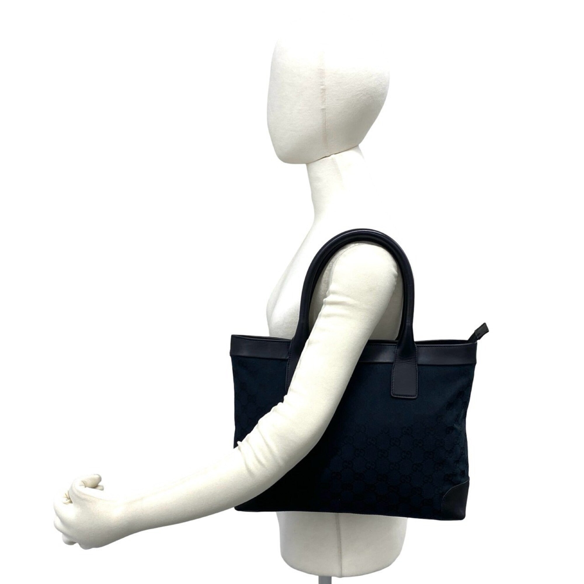 Gucci Black Navy Canvas Leather Handbag Tote Bag (Pre-Owned)