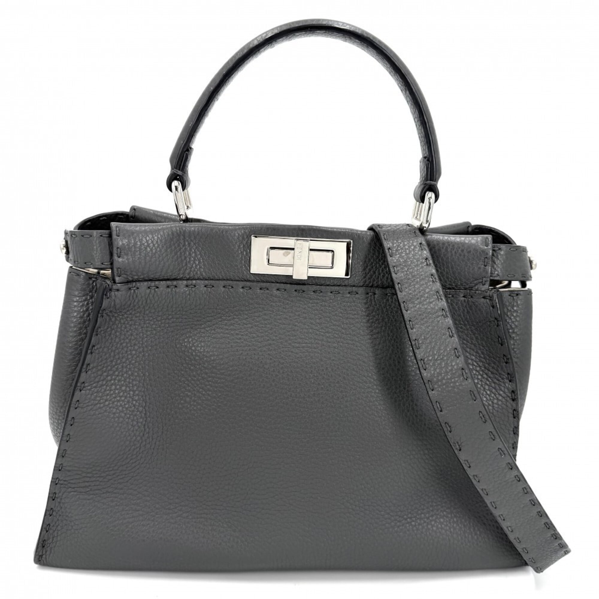 Fendi Peekaboo Gray Leather Handbag Shoulder Bag (Pre-Owned)
