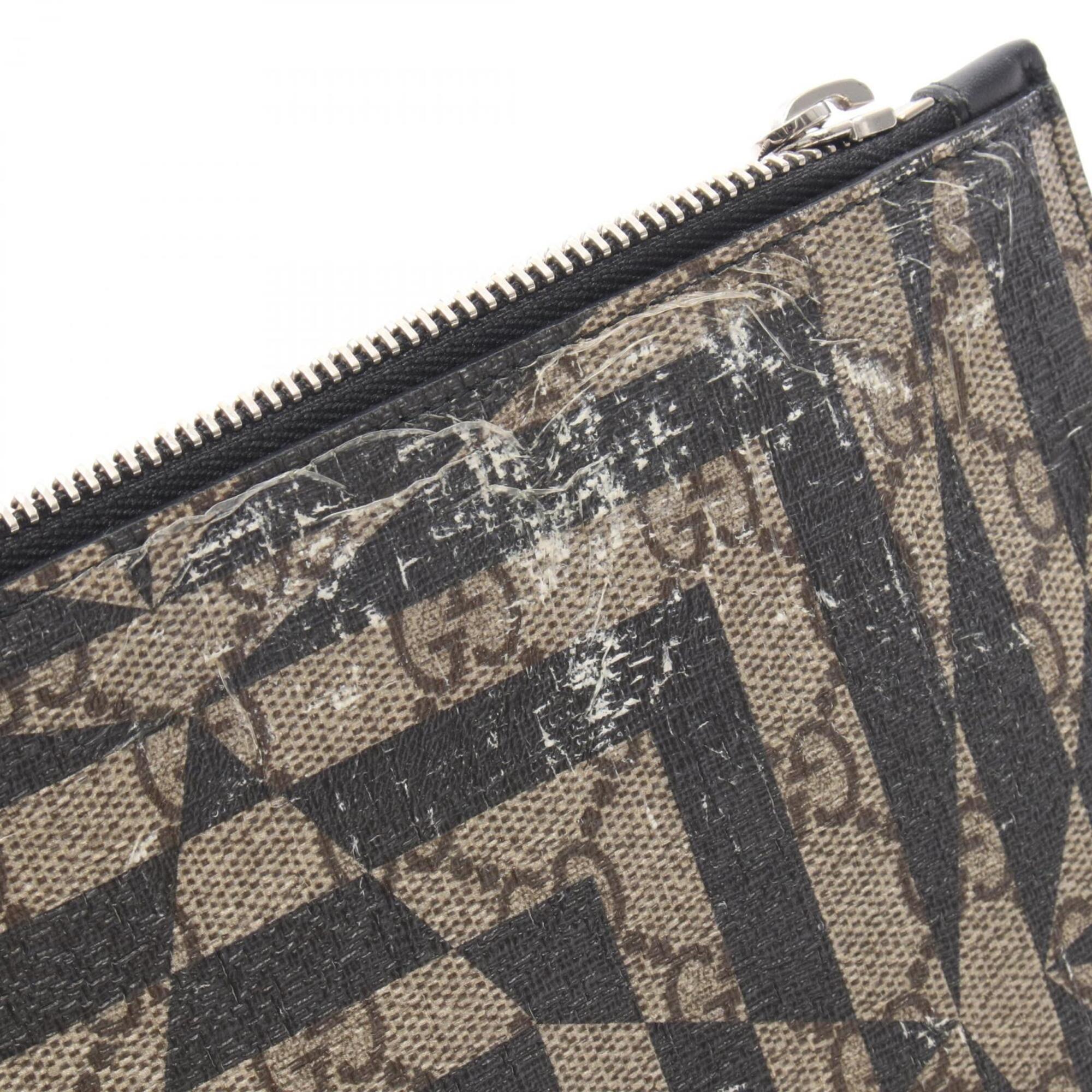 Gucci Beige Black Brown Coated Canvas Leather Clutch Bag Handbag (Pre-Owned)