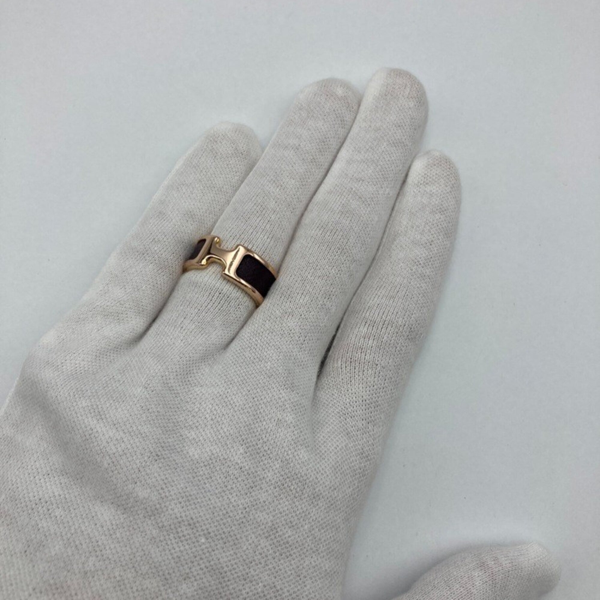 Hermes Dark Brown Yellow Leather Metal Band Ring (Pre-Owned)
