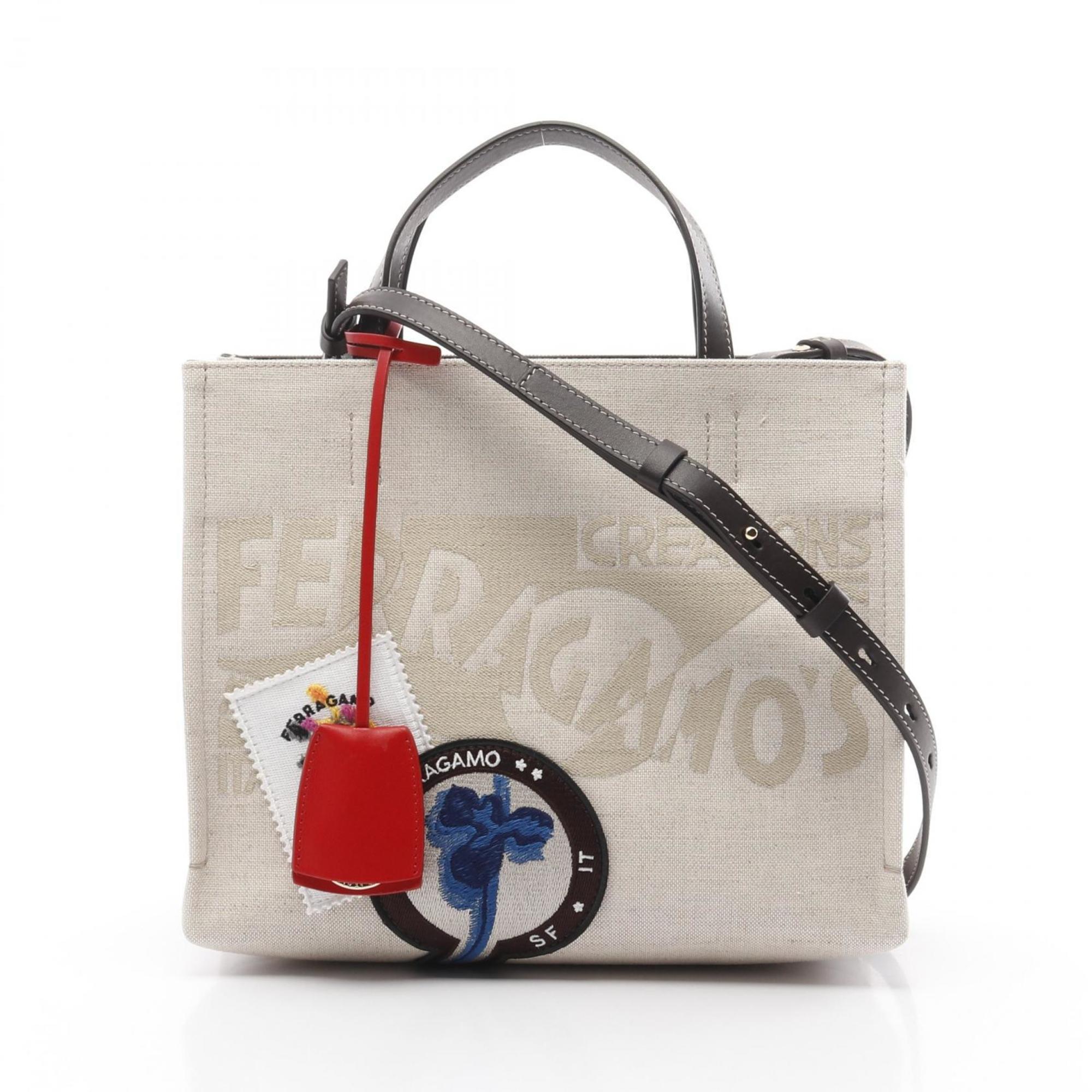 Salvatore Ferragamo Beige Brown Multi-Color Canvas Leather Tote Bag (Pre-Owned)