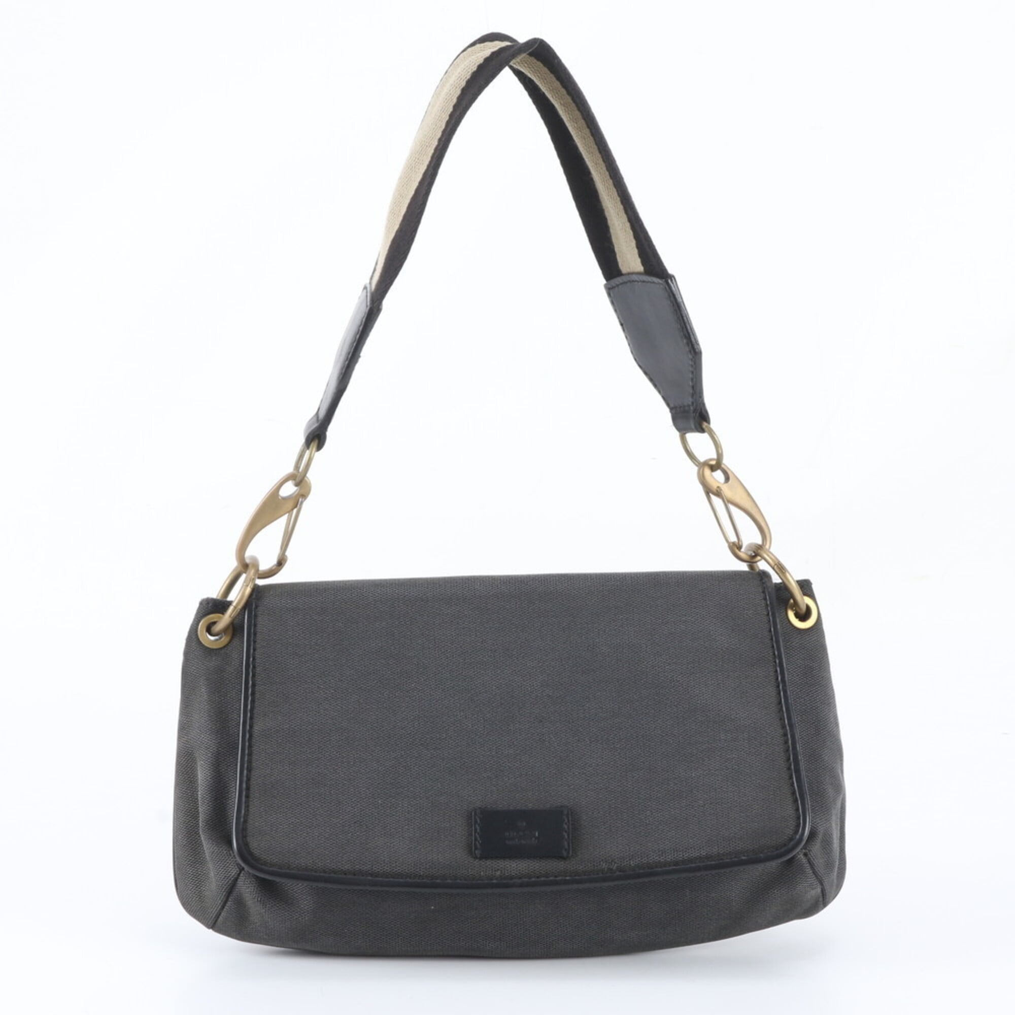 Gucci Black Gray Leather Canvas Shoulder Bag (Pre-Owned)