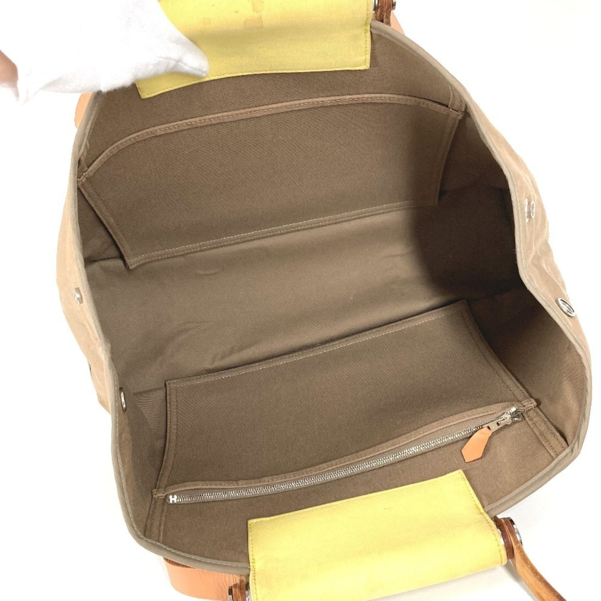 Hermes Beige Yellow Leather Canvas Shoulder Bag Tote Bag (Pre-Owned)