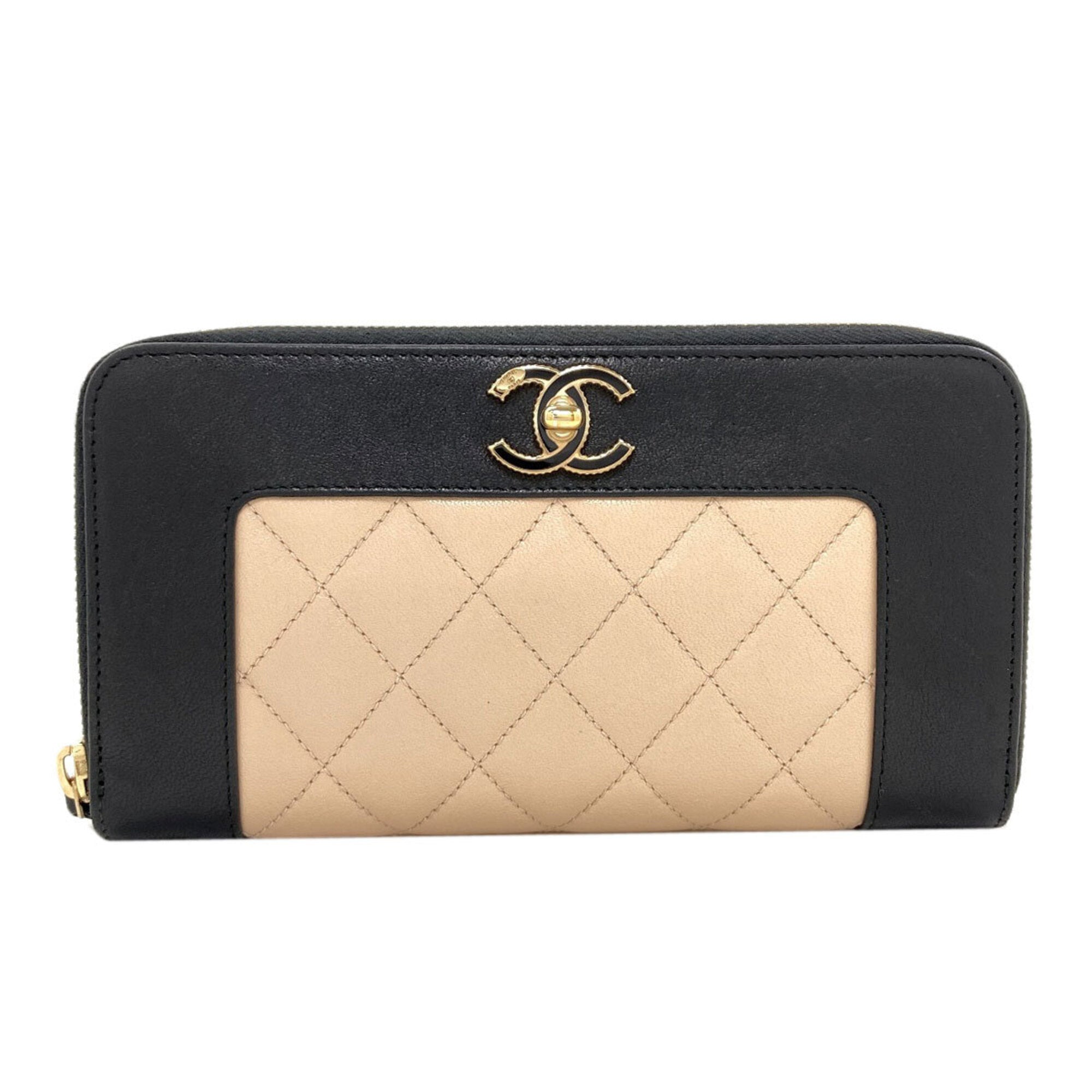Chanel Beige Black Leather Long Wallet (Bi-Fold) (Pre-Owned)