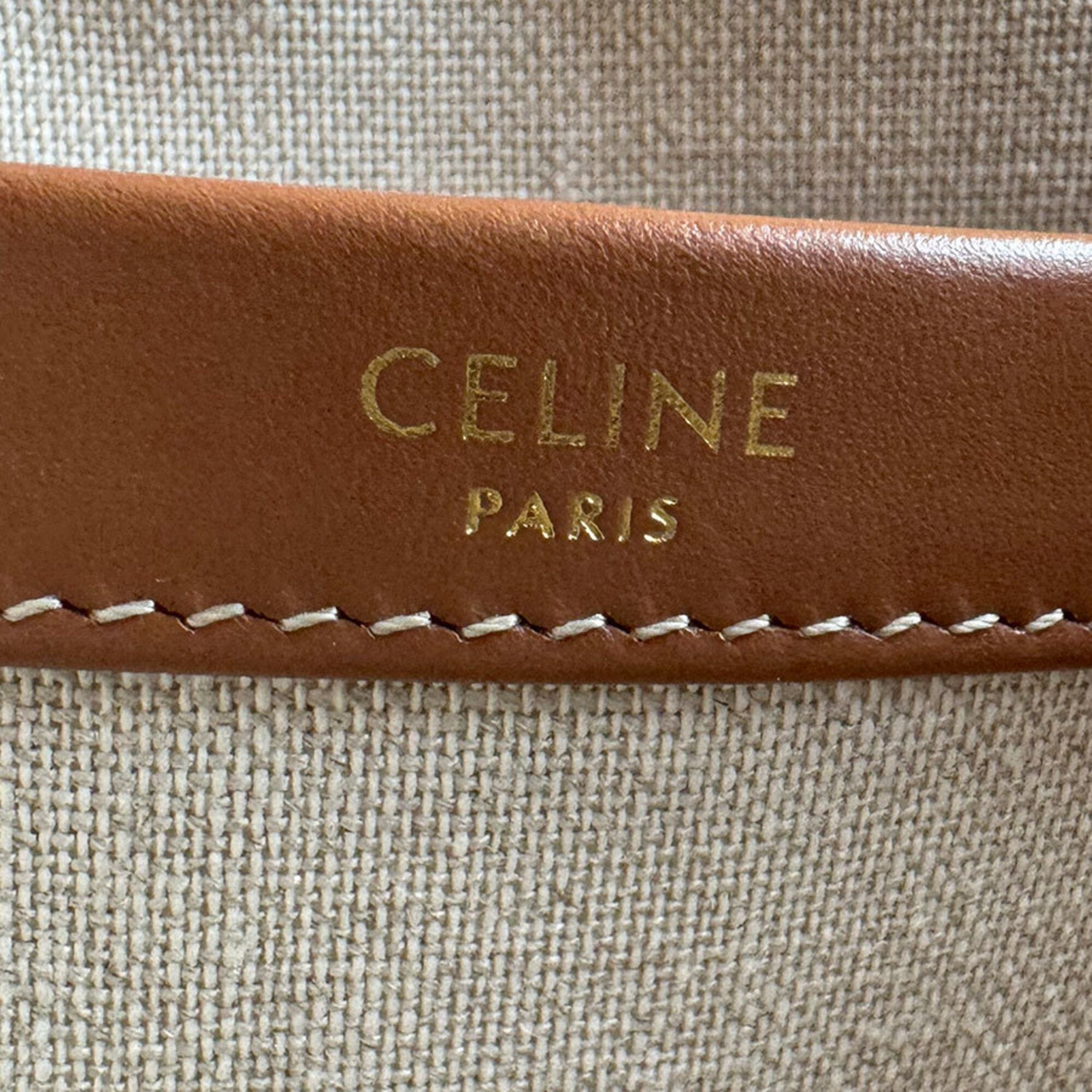 Celine Brown Red Color White Canvas Leather Handbag Shoulder Bag (Pre-Owned)