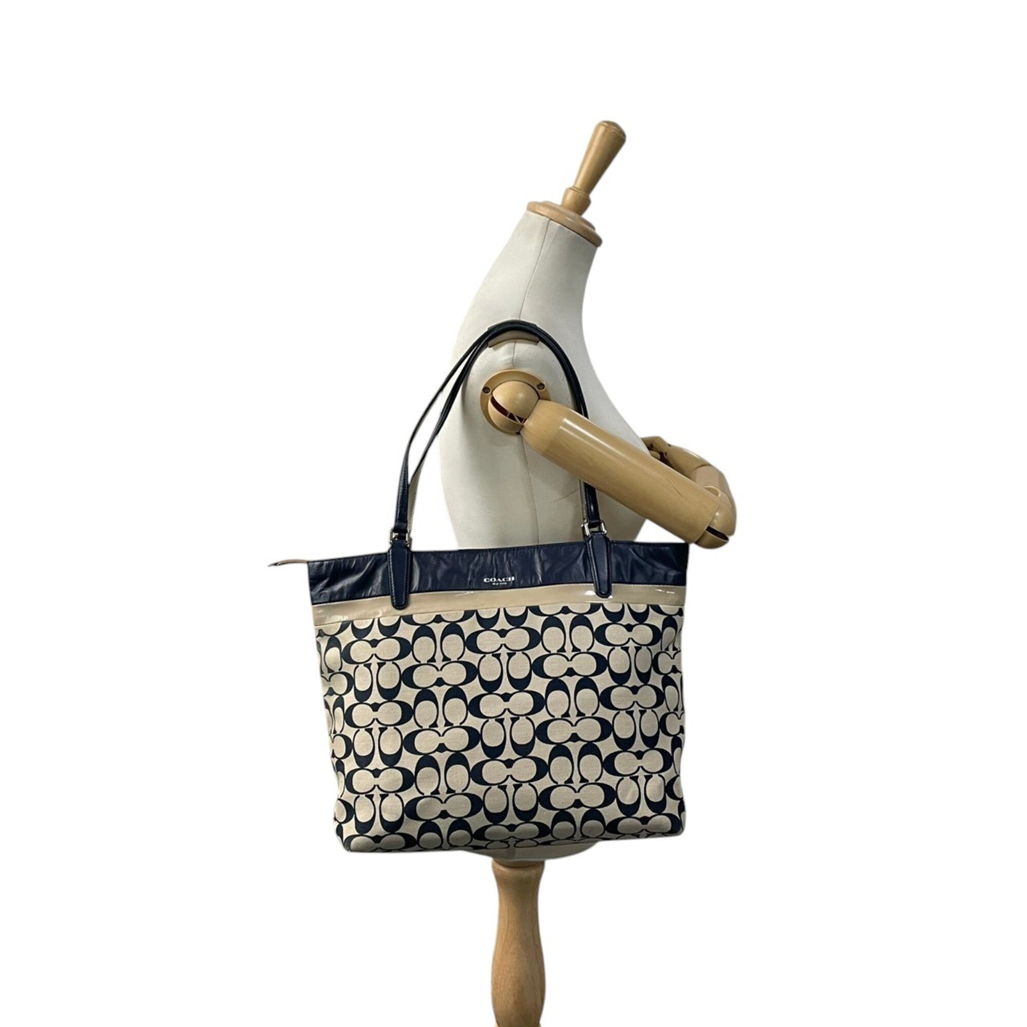 Coach Beige Navy Canvas Leather Handbag Tote Bag (Pre-Owned)