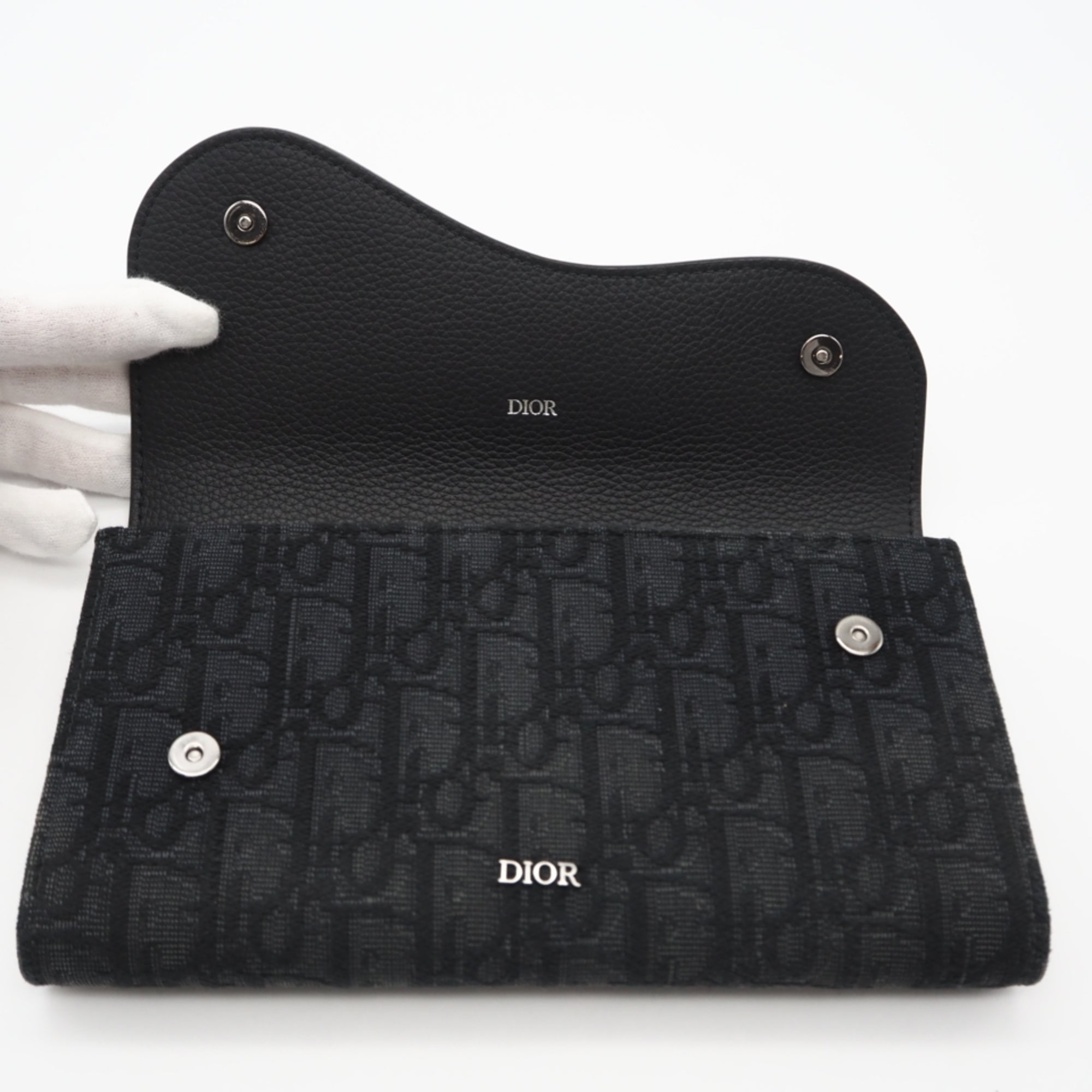 Christian Dior Black Gray Leather Canvas Long Wallet (Bi-Fold) (Pre-Owned)