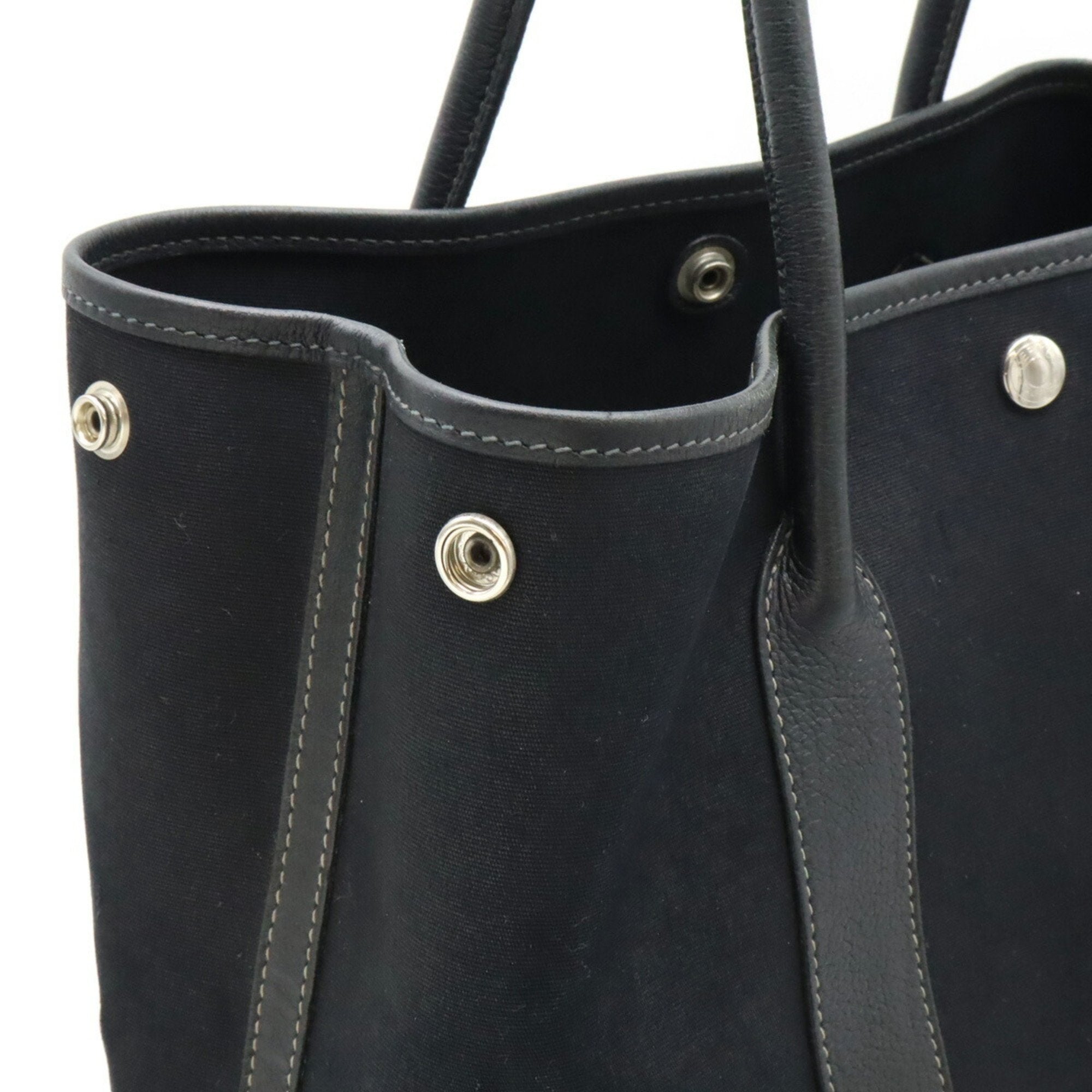 Hermes Garden Black Toile Officier Leather Handbag Tote Bag (Pre-Owned)
