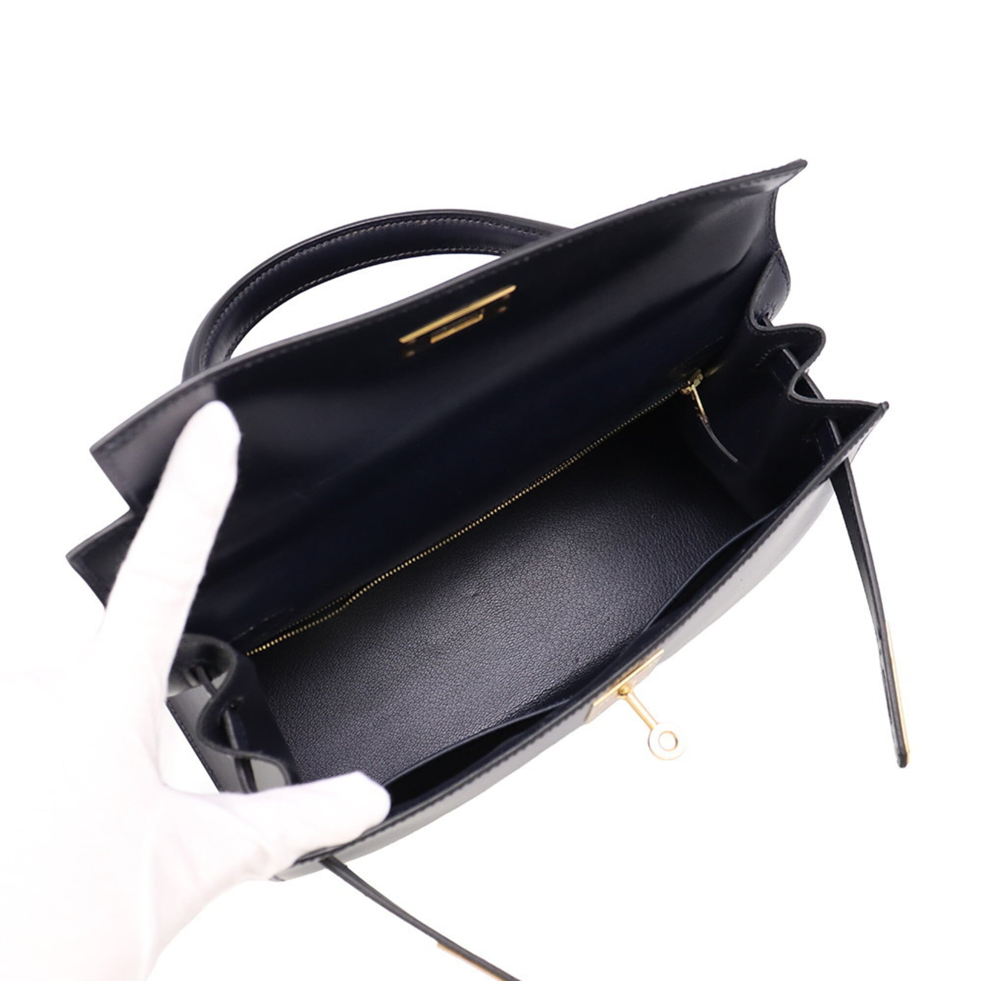 Hermes Navy Box Calf Leather Handbag (Pre-Owned)